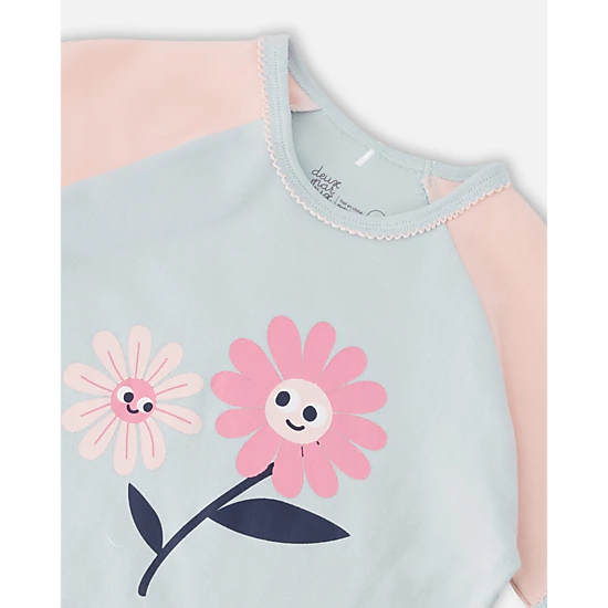 Deux par Deux Girls Organic Cotton Smiling Flower Print Elastic Waist Top and Pants Two-Piece Pyjama Set
