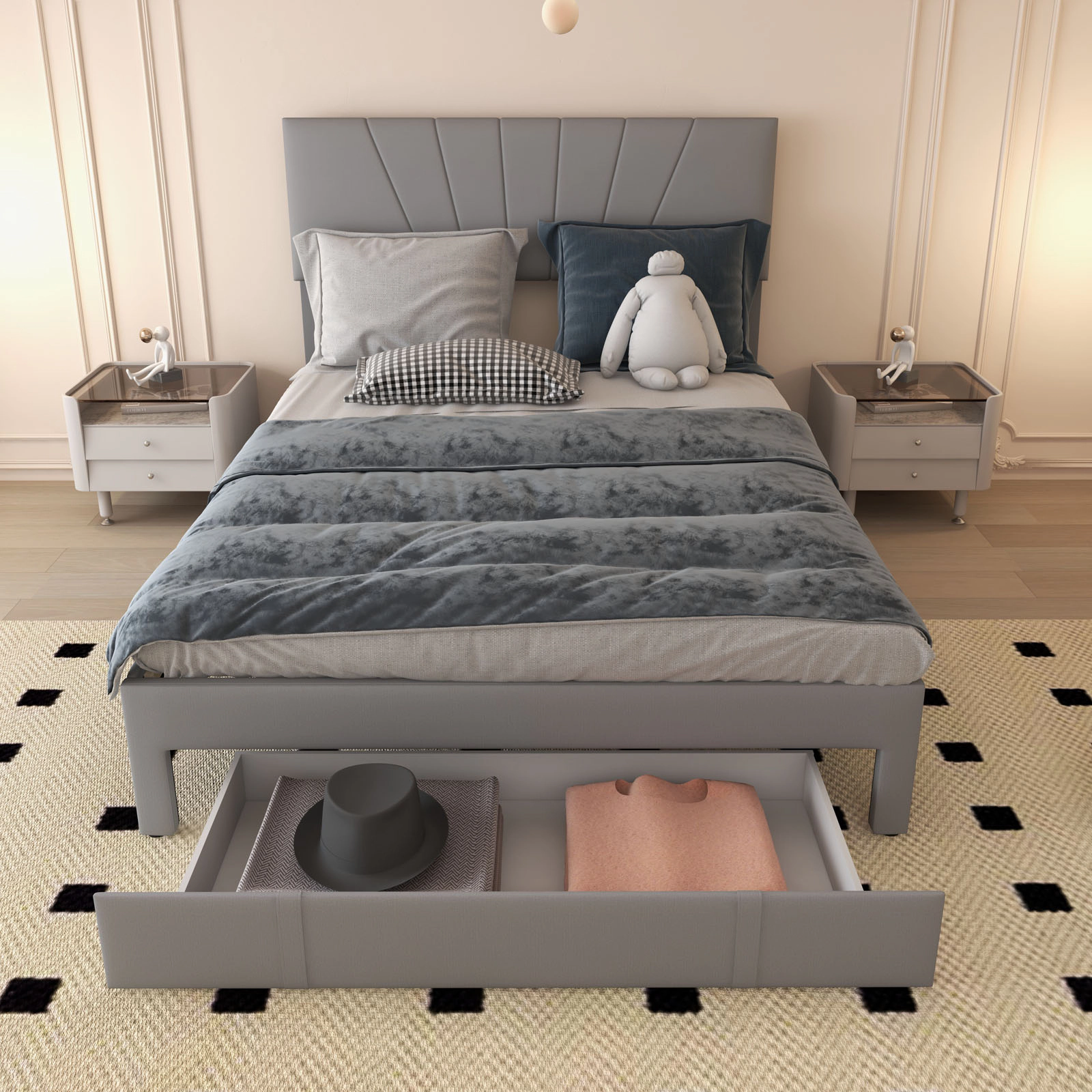 SUGIFT Queen Upholstered Platform Bed with Storage Drawer, Gray Linen Headboard