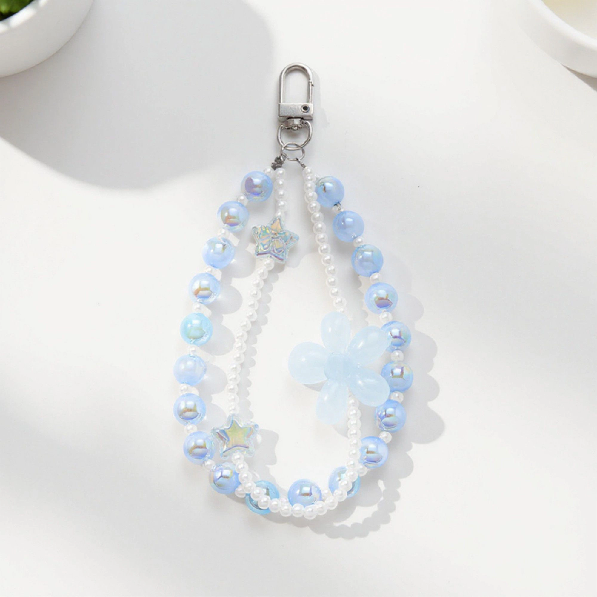 Alilang Women's 2-Piece Blue Beaded Keychain with Flower Charm and Silver Star Accents