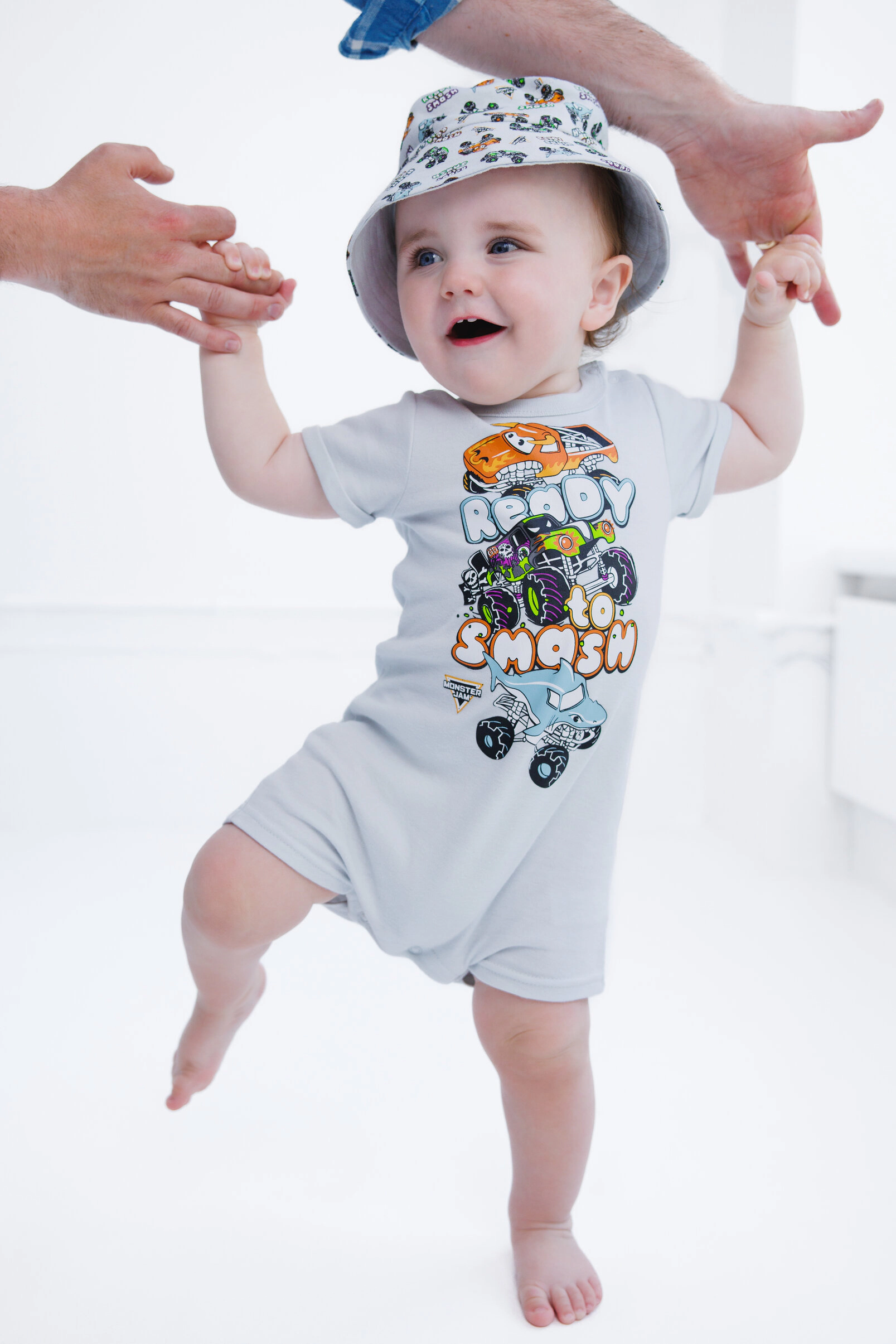 Monster Jam Boys' One Piece Romper and Bucket Hat Set