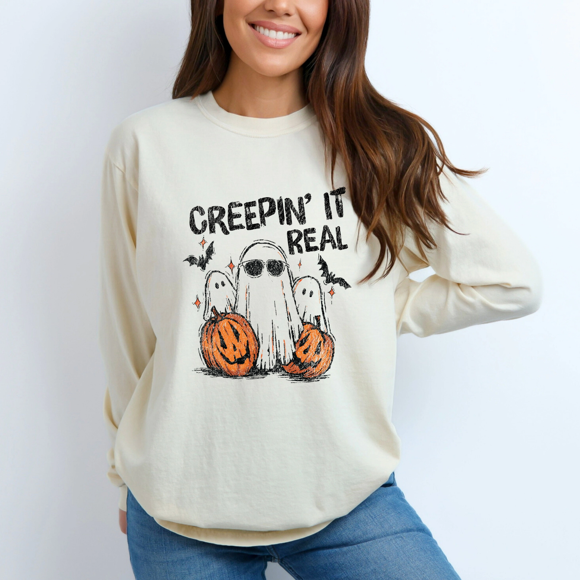 Simply Sage Market - Women's Garment Dyed Long Sleeve Graphic T-Shirt Creepin it Real Ghosts
