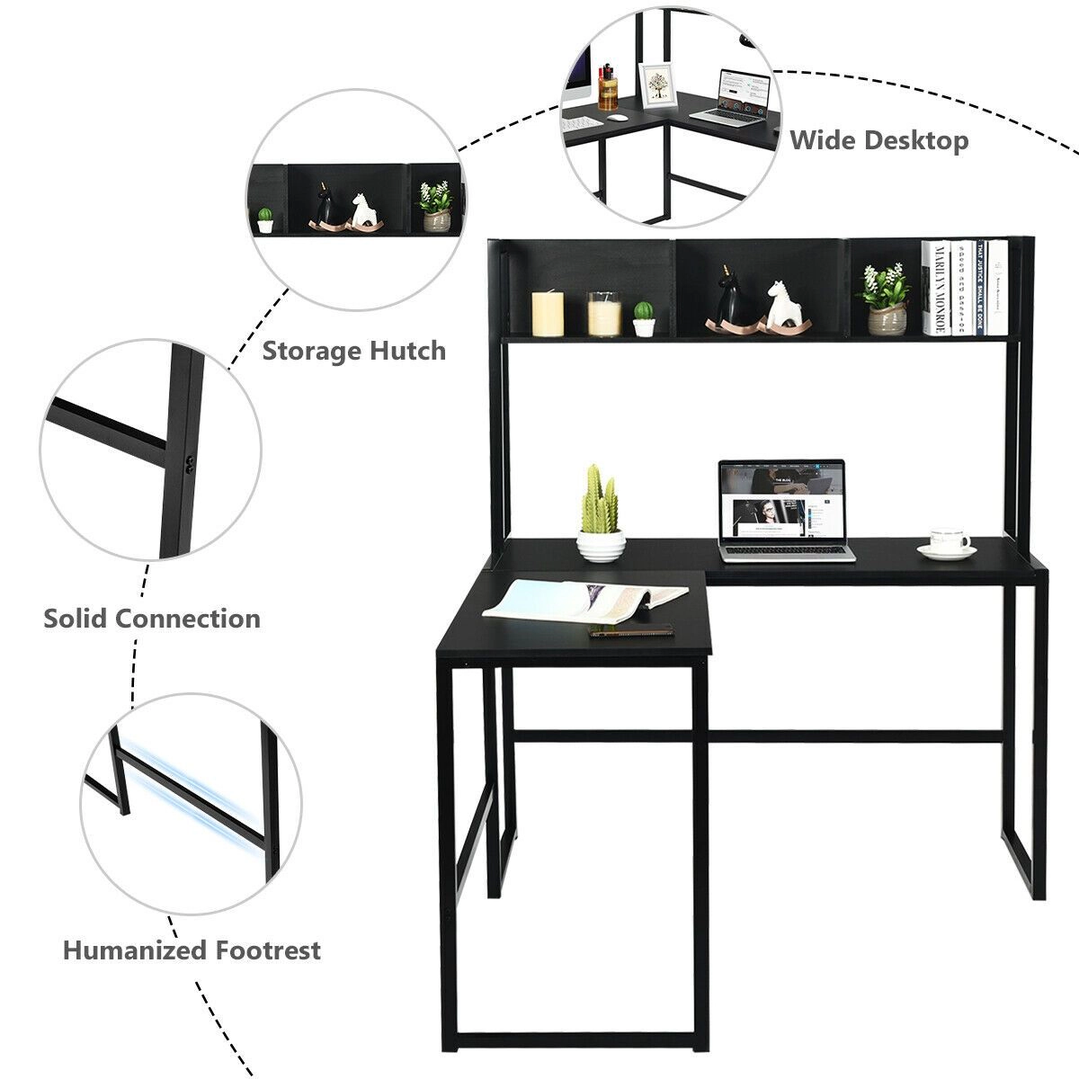 SlickBlue L-Shaped Computer Desk With Storage Hutch, 55 Inch