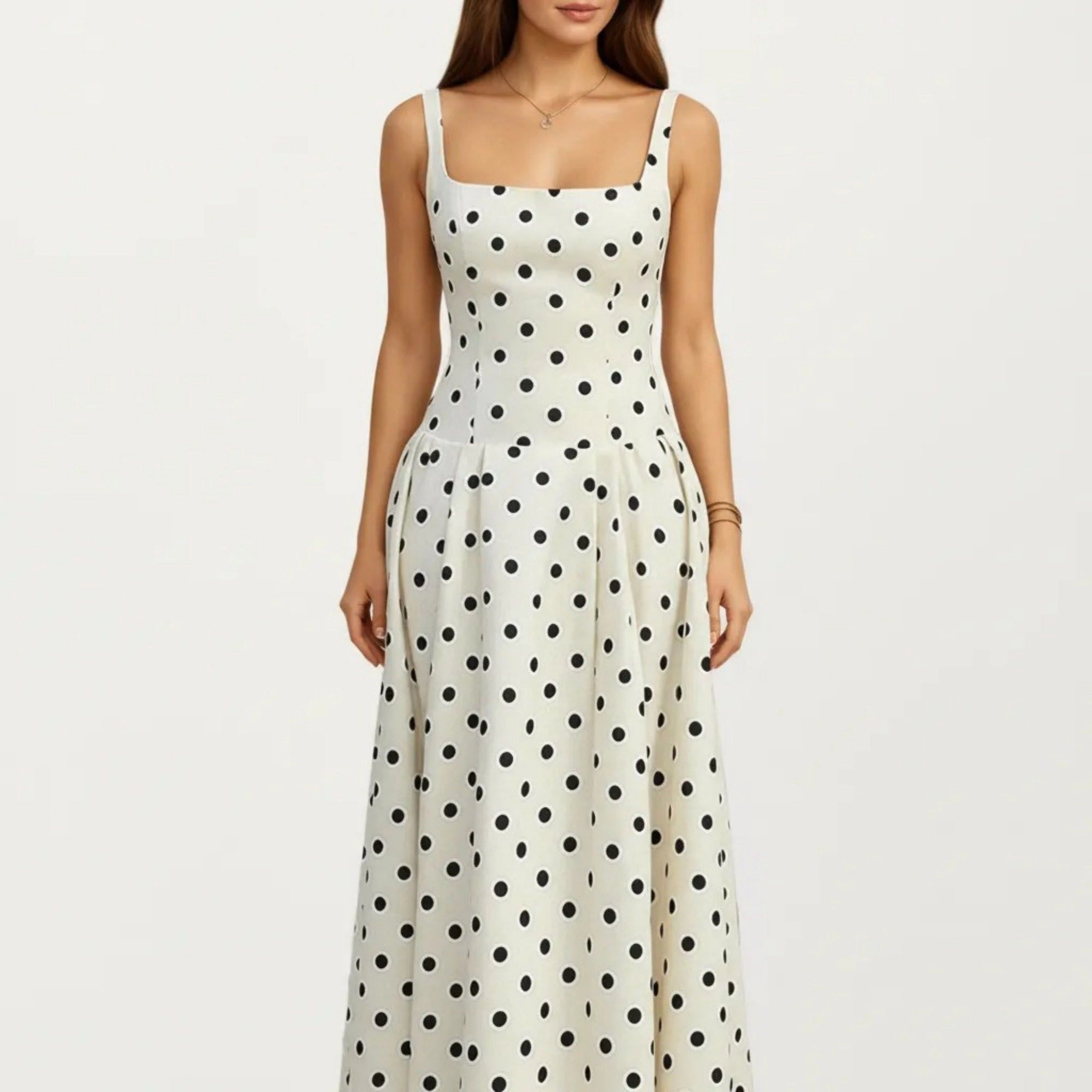 Anna-Kaci Polka Dot Square Neck Pleated A-Line Midi Dress