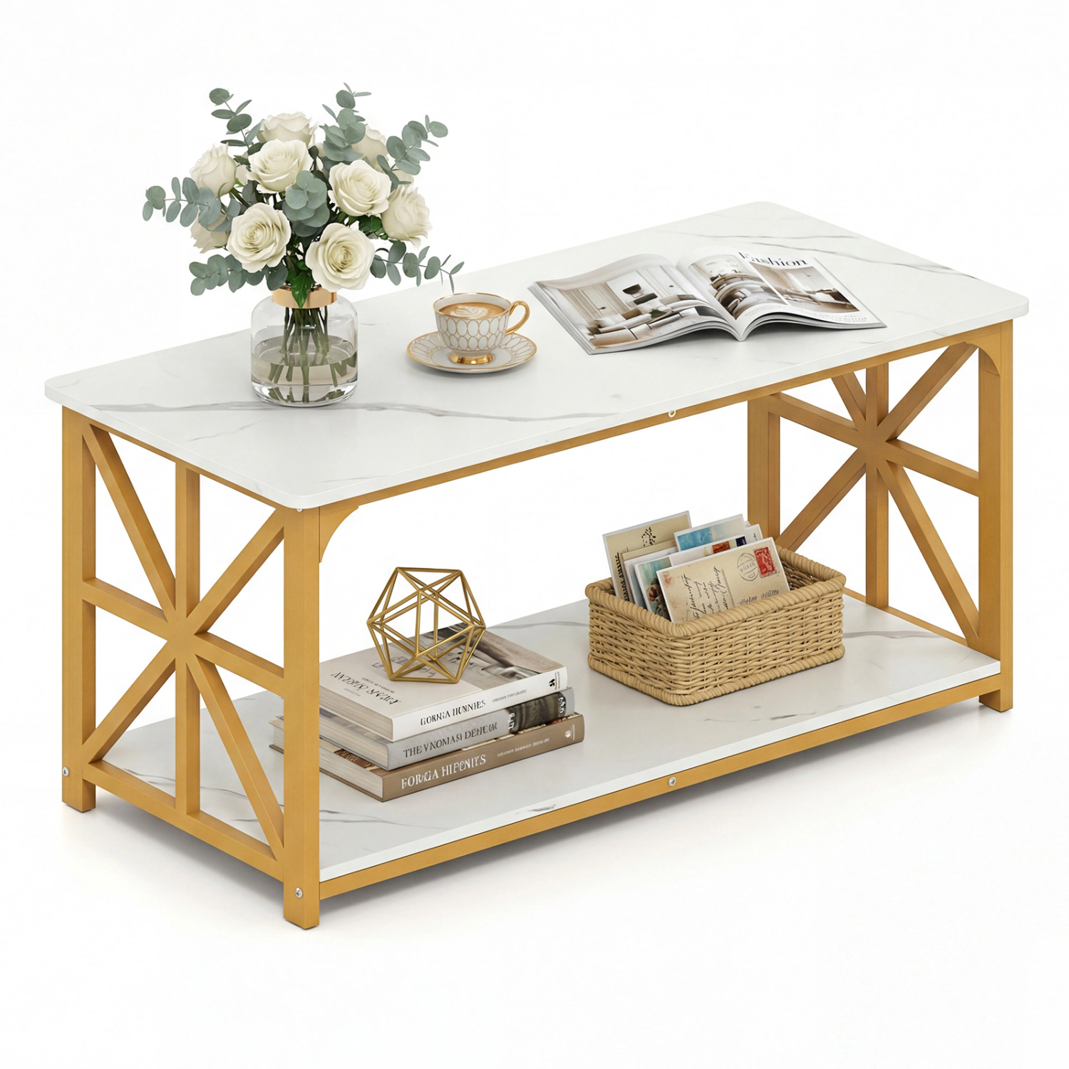 Glintex 2-Tier 43-Inch Coffee Table with X-Shaped Carbon Steel Accents