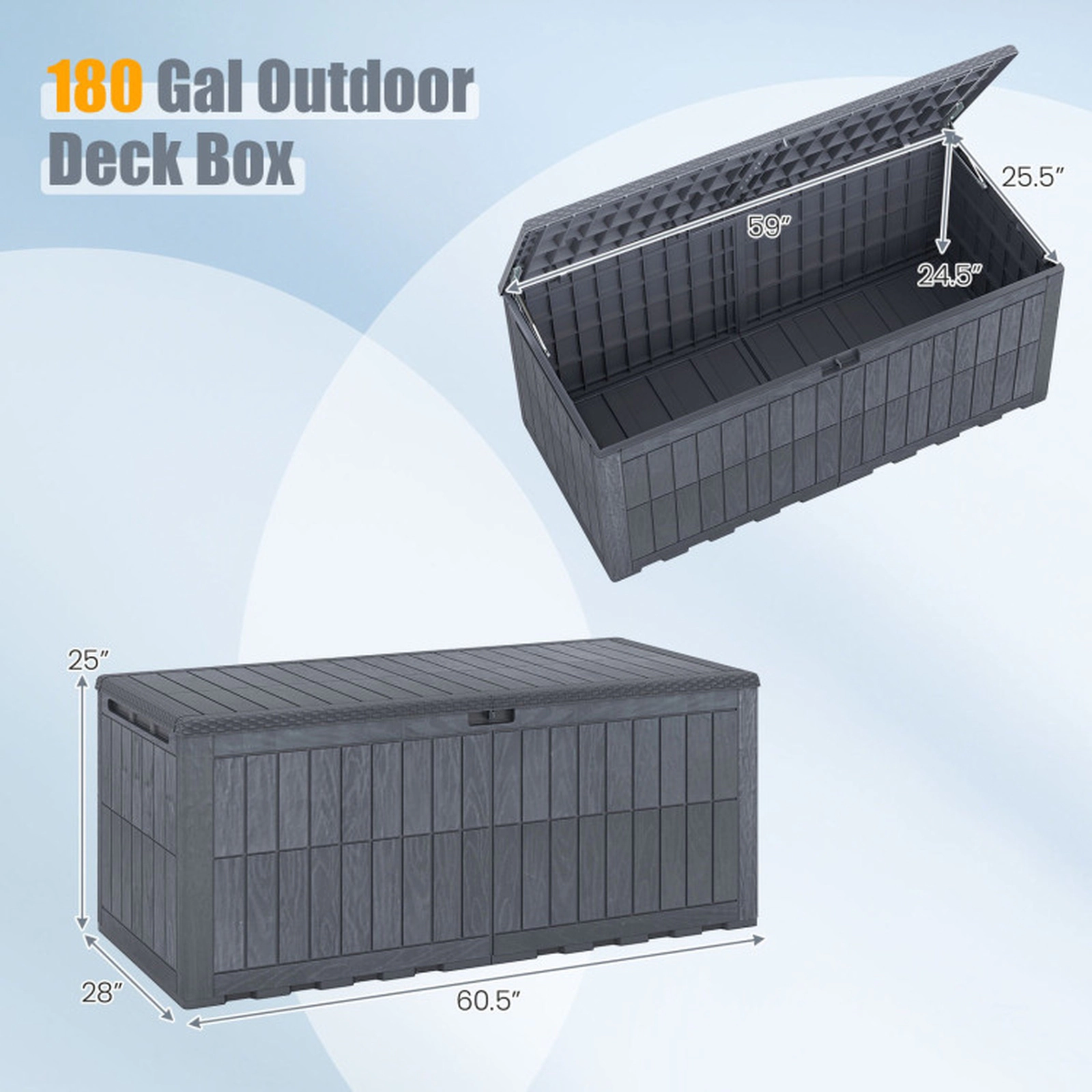 SUGIFT 180 Gal Outdoor Deck Box All-Weather Lockable Storage Bin with Lid and Handles 620-lb Seating Capacity Gray