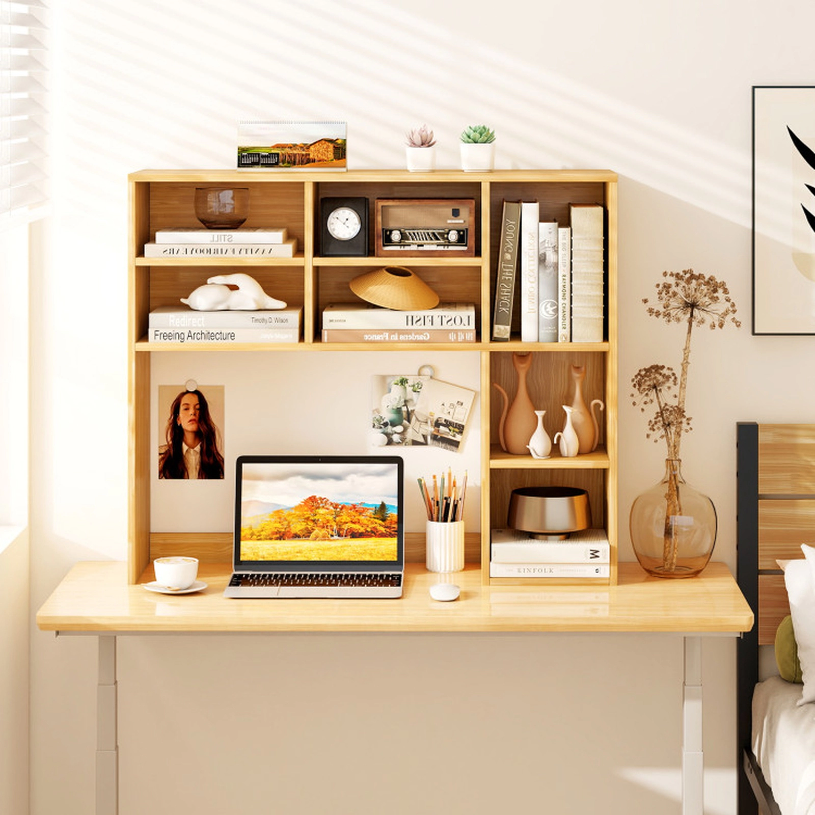 SUGIFT Natural 37-in Desktop Bookshelf Countertop Organizer with 7 Cubbies 3 Adjustable Shelves and 210-lb Top