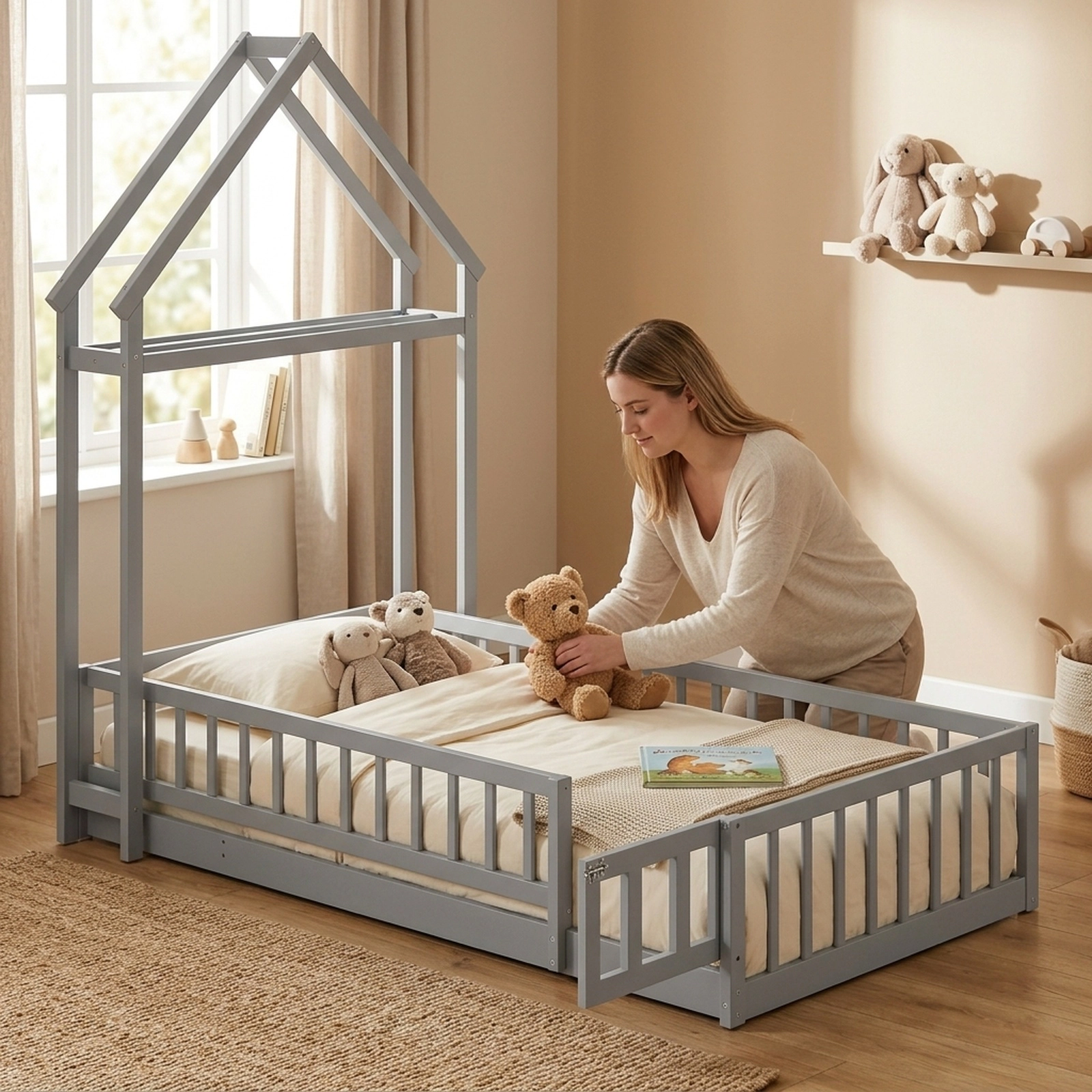 SUGIFT Twin House Floor Bed with Gabled Headboard, Safety Rails, Latching Gate and Drying Rack, Gray