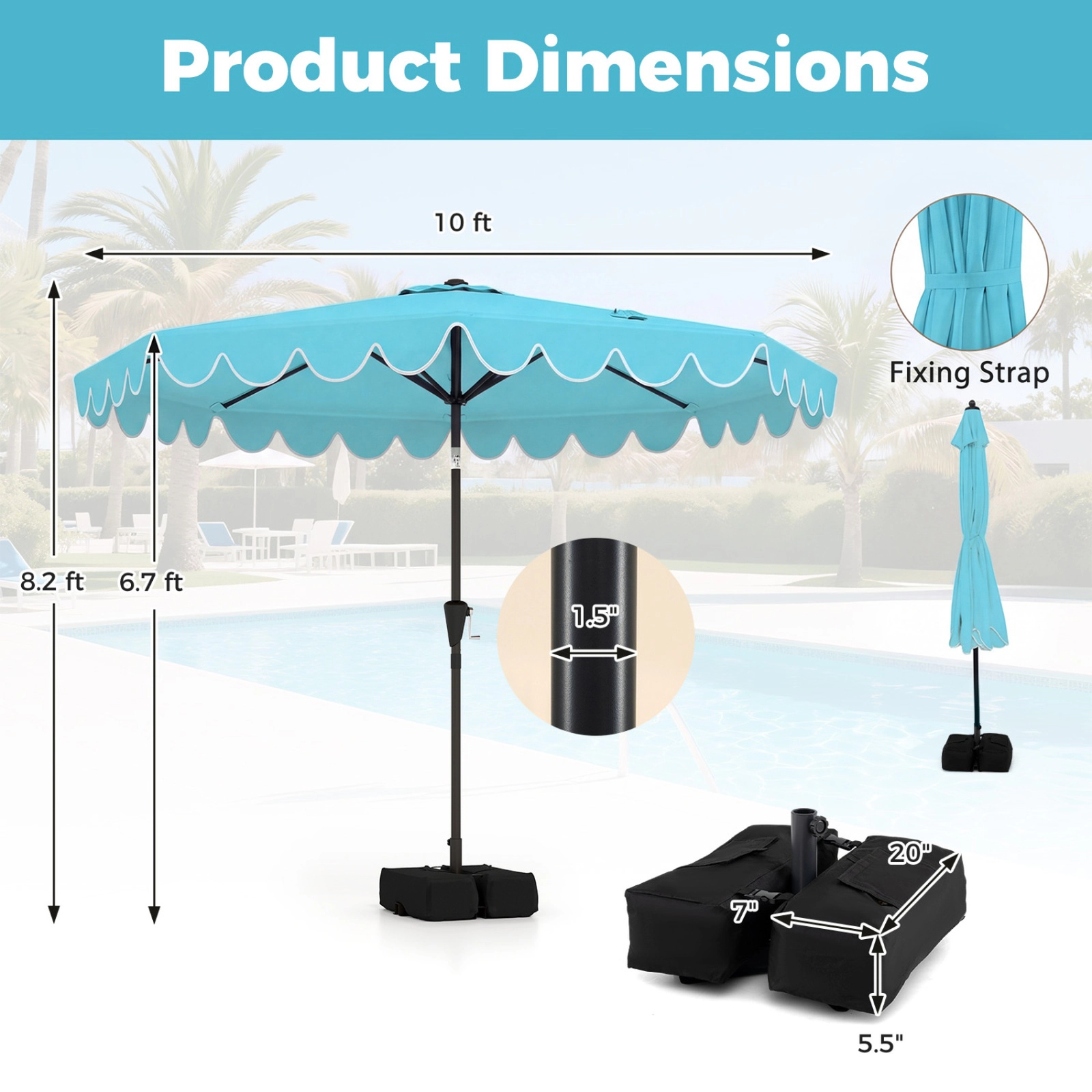 SUGIFT Double-Tier 10-ft Patio Umbrella with Ruffled Edges 10 x 8.2 in Canopy with Sandbag Base Turquoise