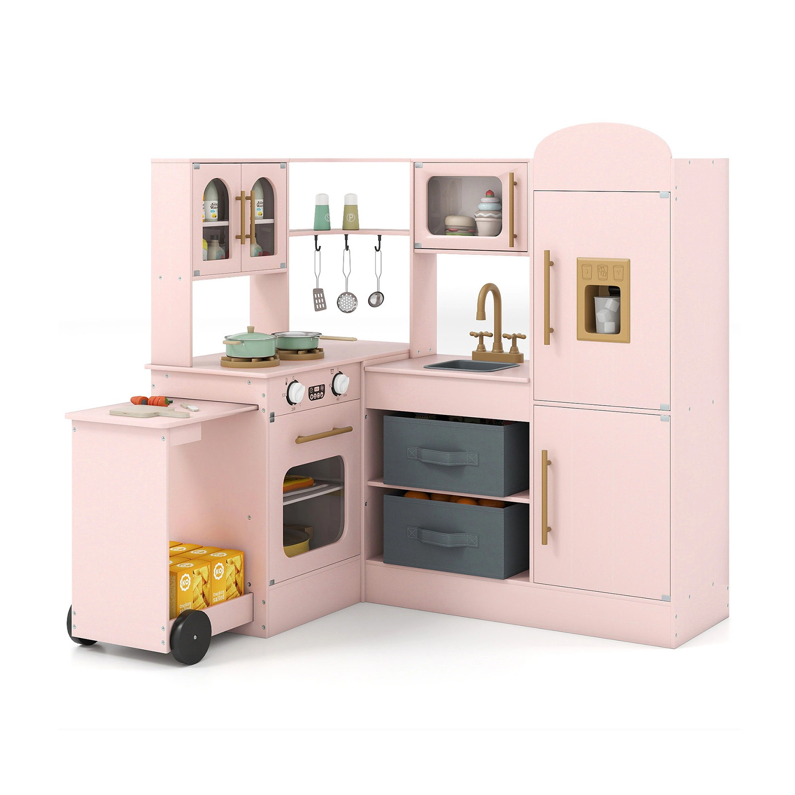 SUGIFT Kids Pink Corner Wooden Play Kitchen with Lights Sounds and Ice Maker 39.5-in W 40-in H Ages 3+