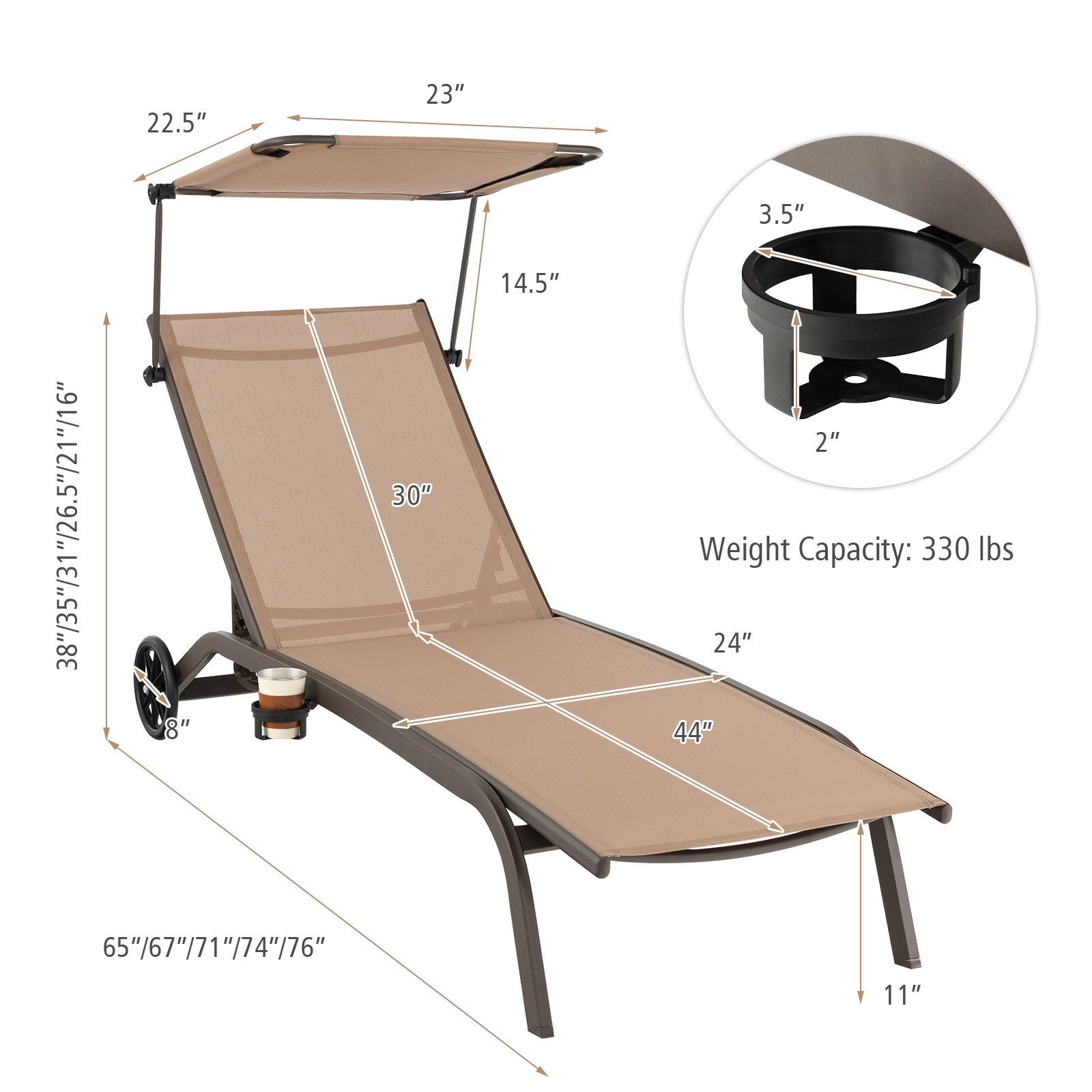 SUGIFT 6-Position Heavy-Duty Adjustable Patio Chaise Lounge Chair with Canopy Cup Holder & Wheels 330-lb Capacity Brown