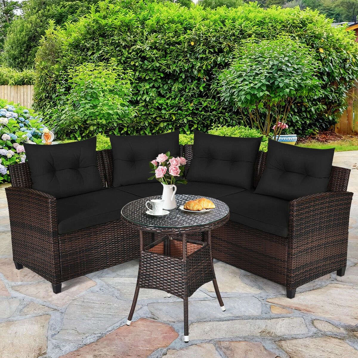 Hivvago 4 Pieces Outdoor Cushioned Rattan Furniture Set