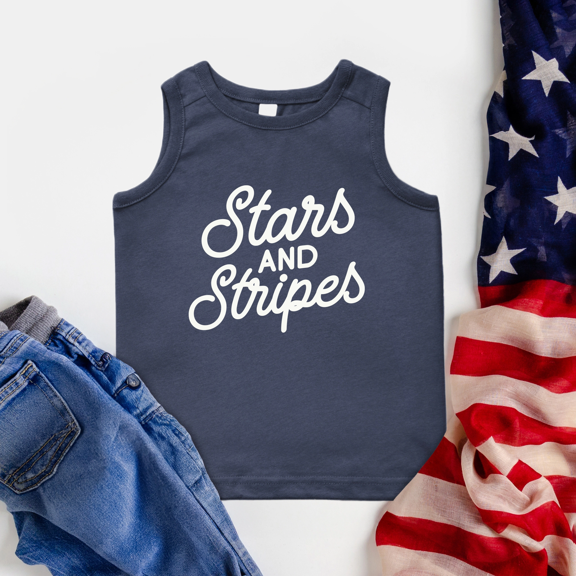 The Juniper Shop - Stars and Stripes Slanted Cursive Puff Print Toddler Graphic Tank