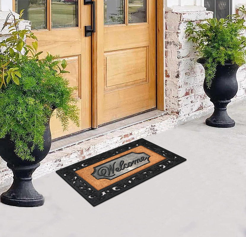 A1HC Coir and Rubber Door Mat 38x23 Inches Anti-Shed Heavy Duty Non-Slip Black Floral Border
