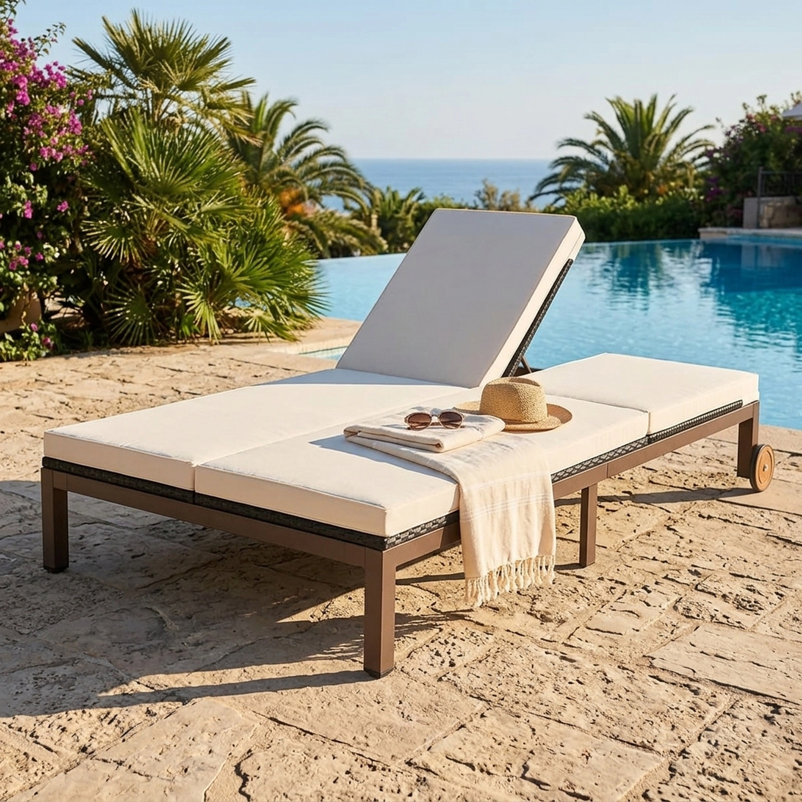 SUGIFT 2-Person Outdoor Rattan Double Chaise Lounge with Adjustable Backrests, White