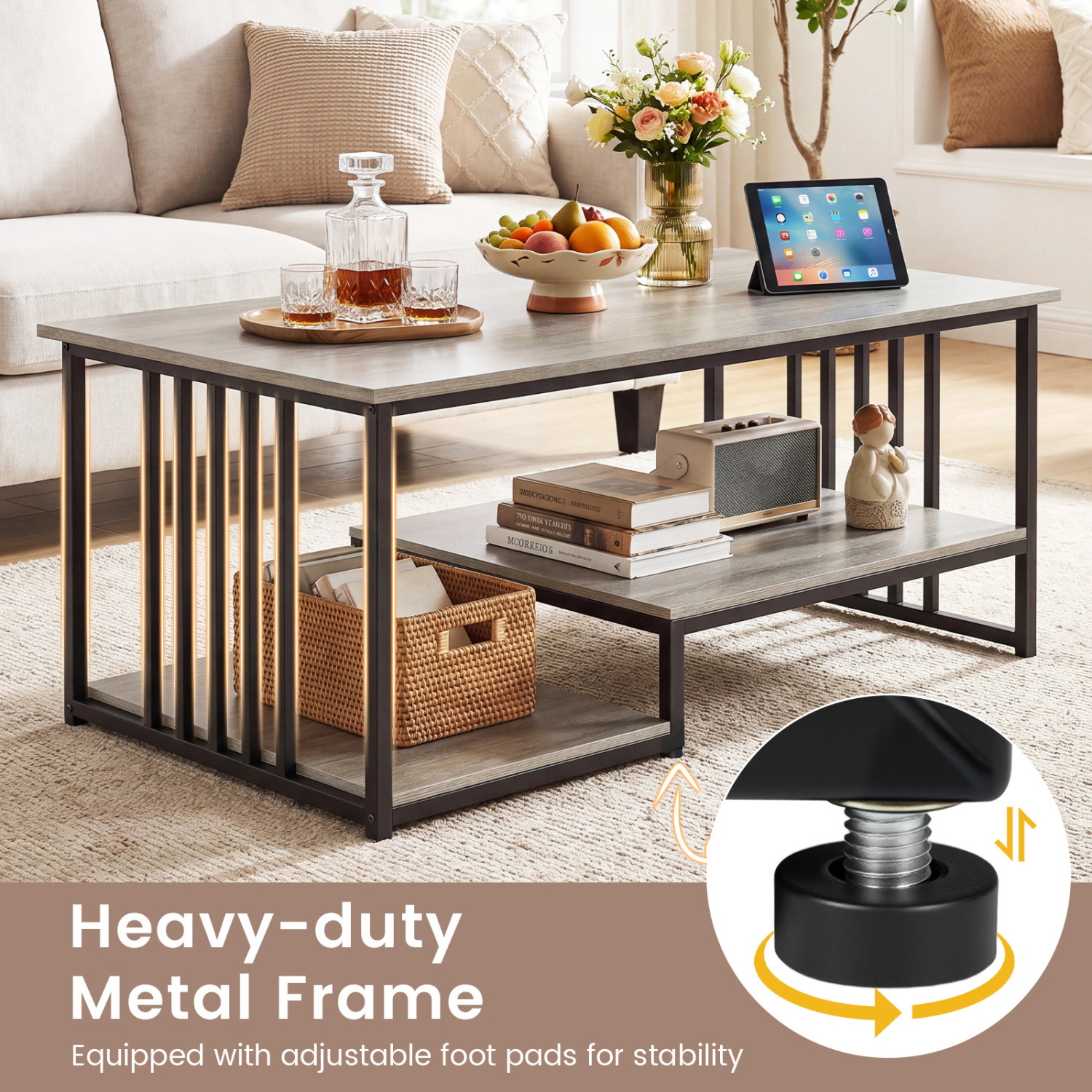 Glintex 2-Tier 43.5-Inch Coffee Table with Open Shelf and Metal Frame