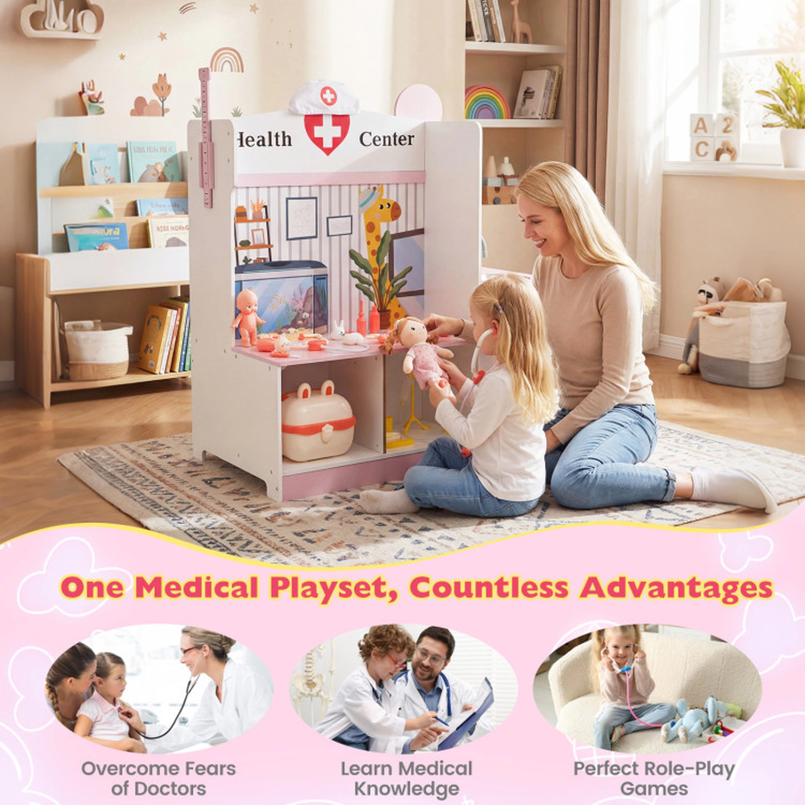 SUGIFT Kids Doctor Play Set with Adjustable Height Bar Medical Station Ages 3-6 with 27 Accessories Pink and White