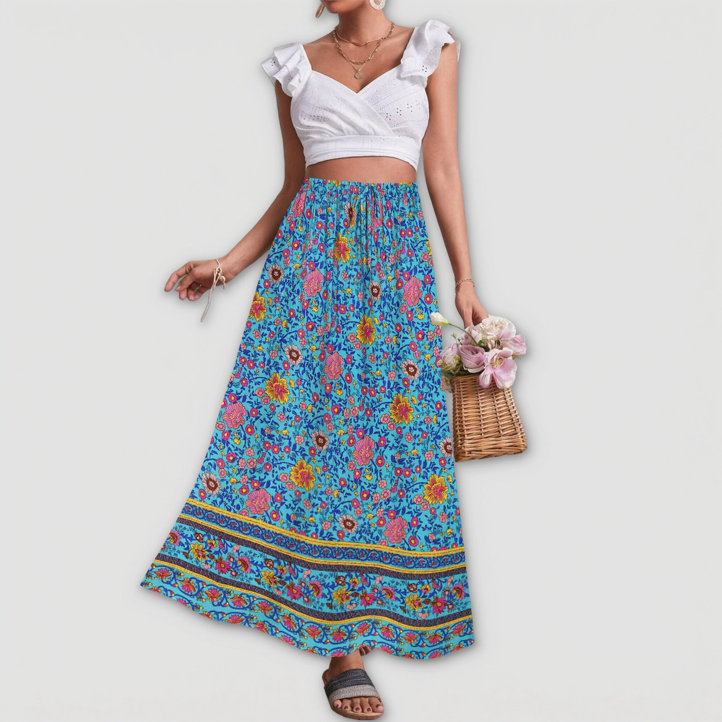 Zeagoo Women's Boho Floral Maxi Skirt Elastic Waist with Pockets