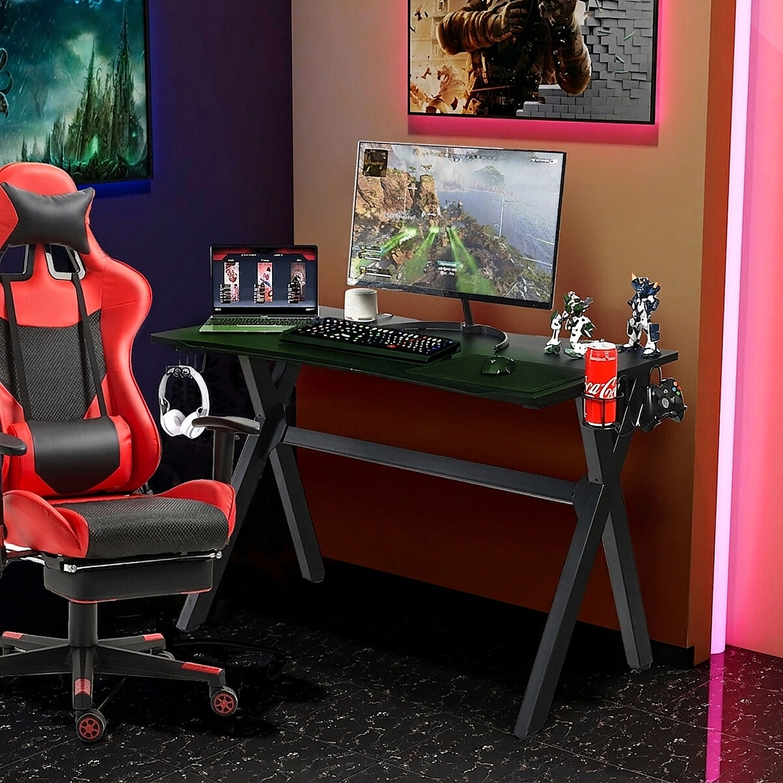 SUGIFT Ergonomic Gaming Desk with Mouse Pad Cup Holder Headphone Hook X-Shape Steel Frame 220-lb Capacity Black