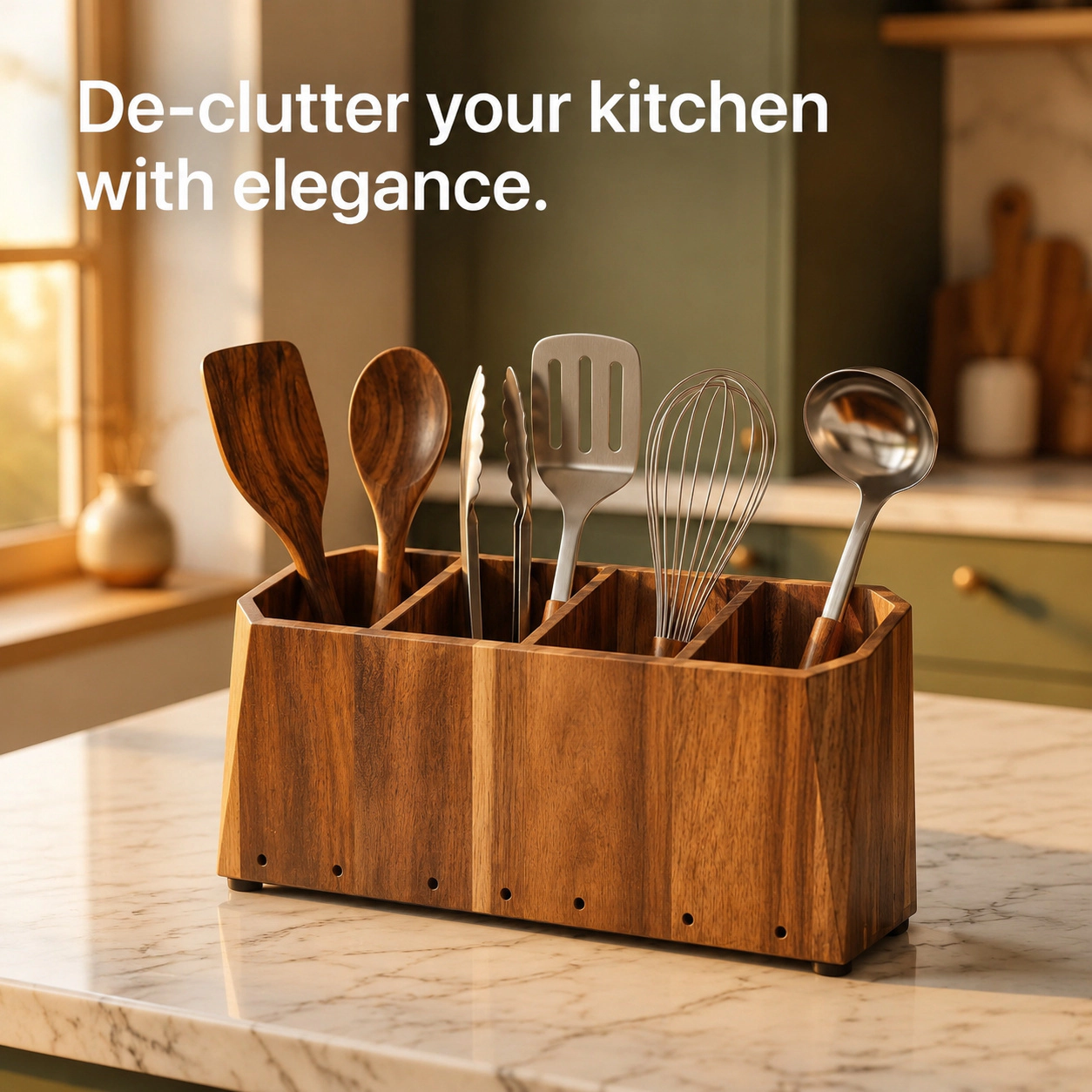 WZK Extra Large Acacia Wood Farmhouse Compartments Drain Hole Kitchen Utensil Holder