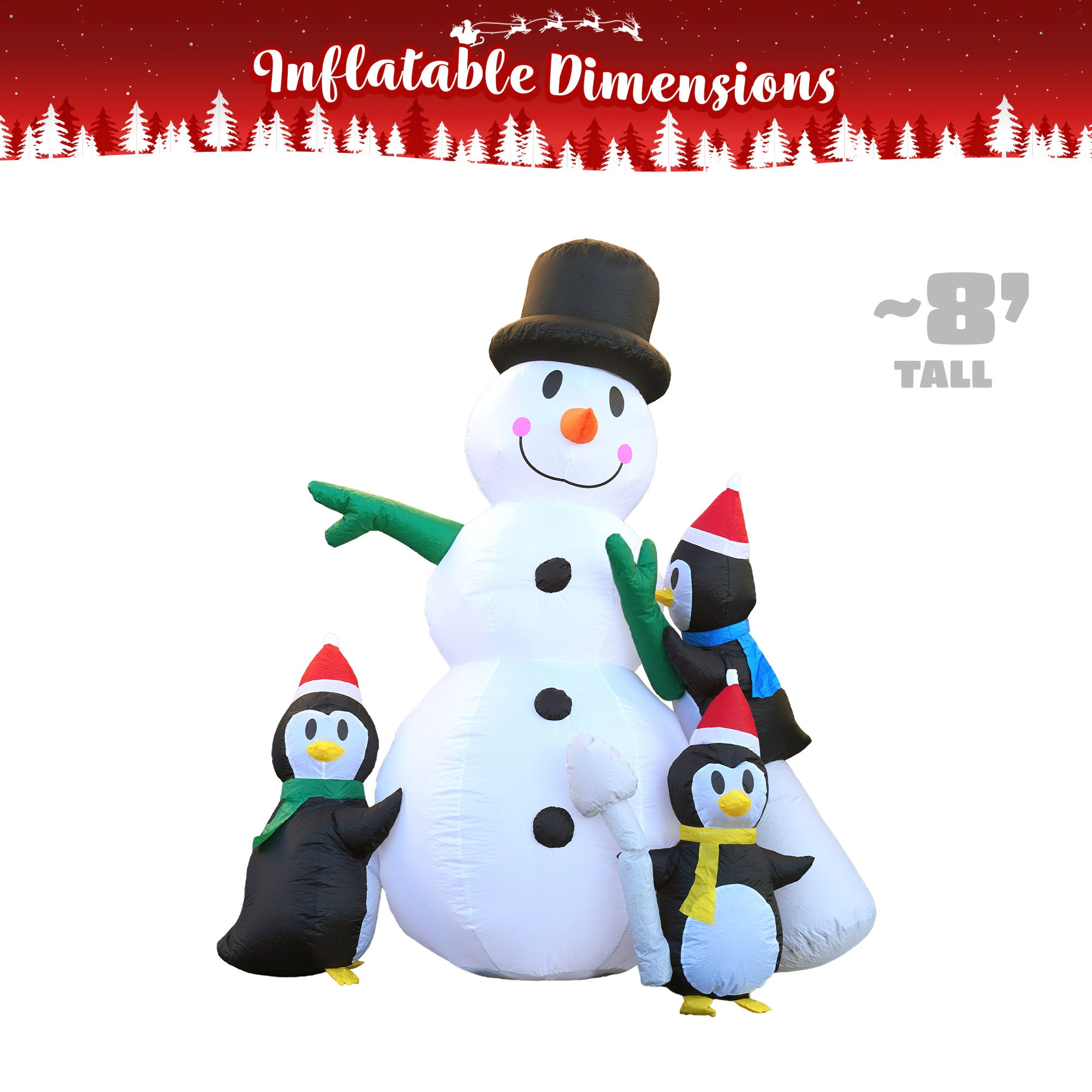 G128 8 ft Snowman with Three Penguins Inflatable, LED Lights, Weather-Resistant Outdoor Decor