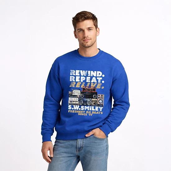 Simply Sage Market - Men's Graphic Sweatshirt - S.W.Smiley Rewind Repeat Relive