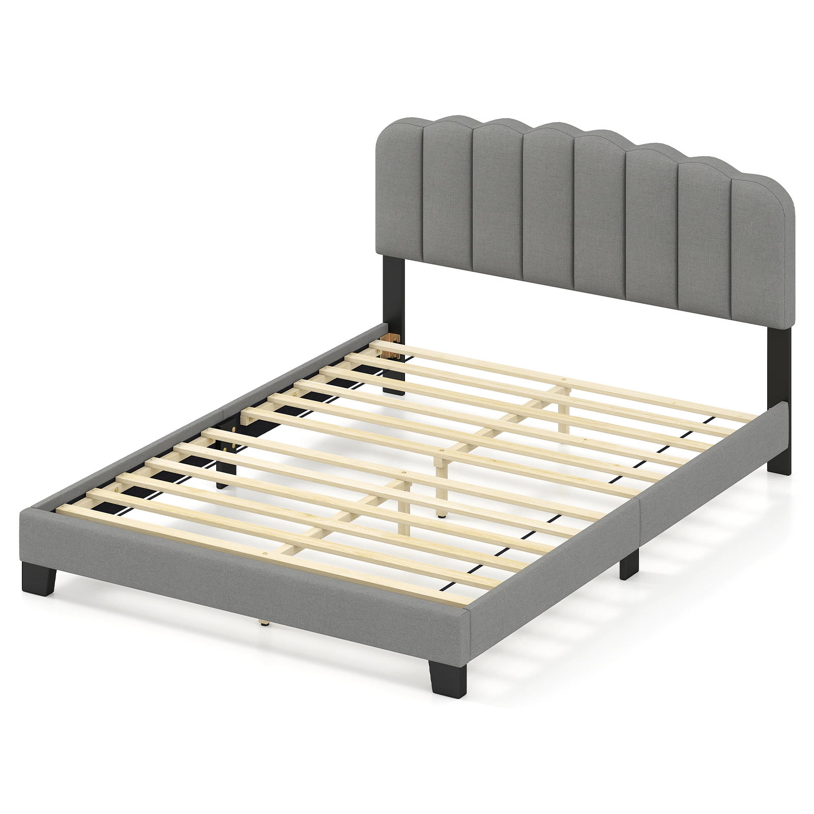 SUGIFT Gray Adjustable Scalloped Tufted Headboard and LVL Slats Queen Size Bed Frame