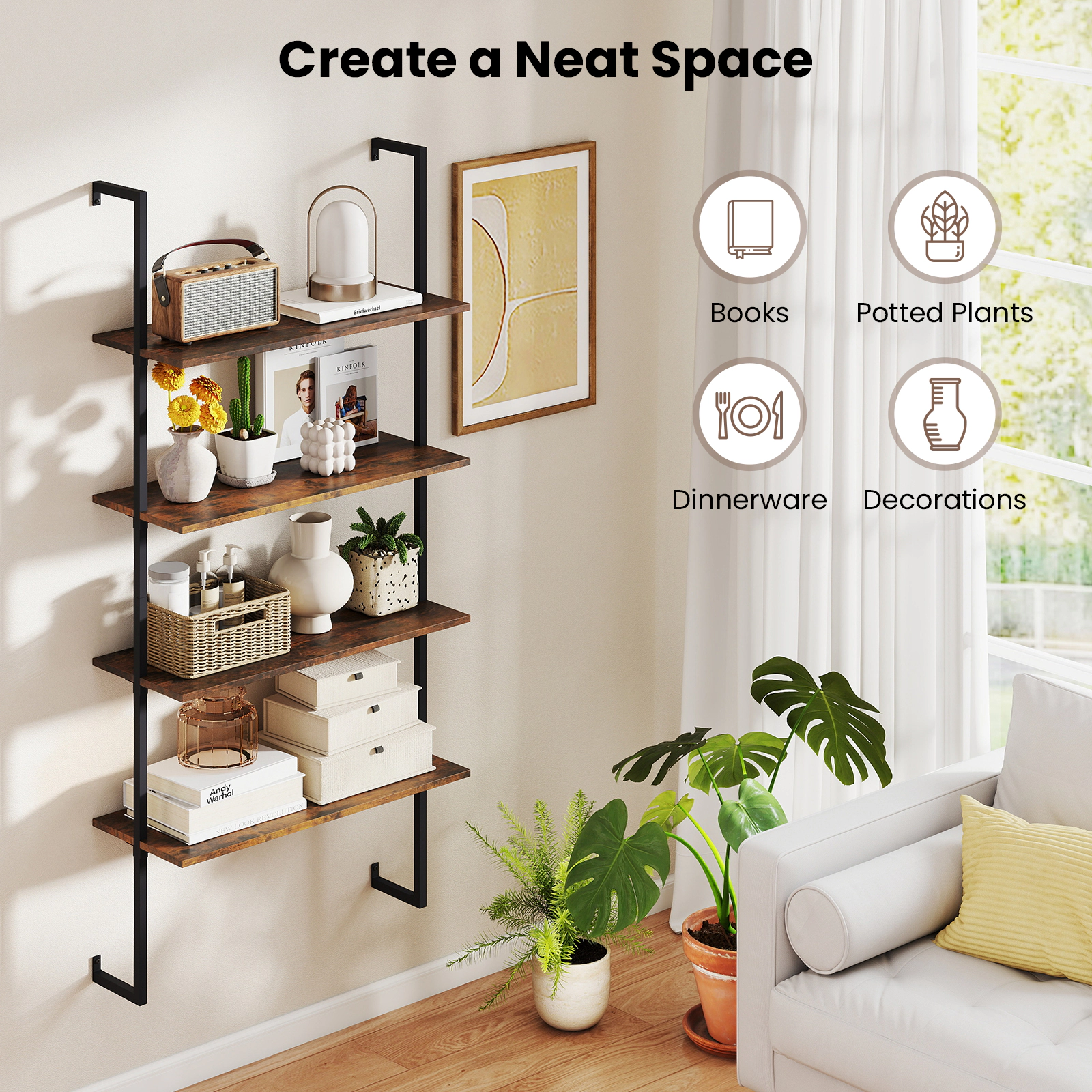 Hivvago Industrial 4-Tier Bookcase with Ladder Design