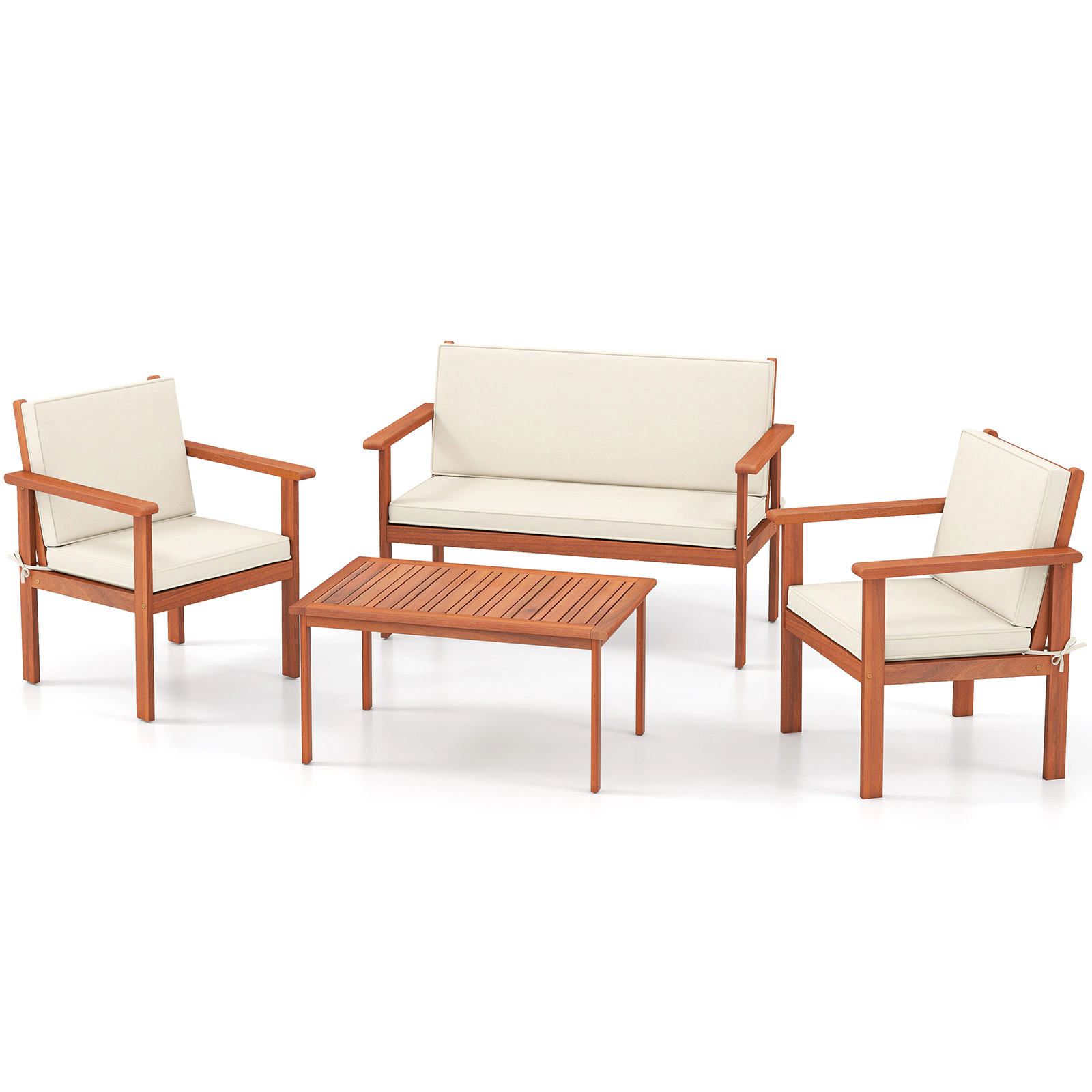 SUGIFT 4-Piece Off-White Acacia Wood Patio Sofa Set with Loveseat, Armchairs and Coffee Table