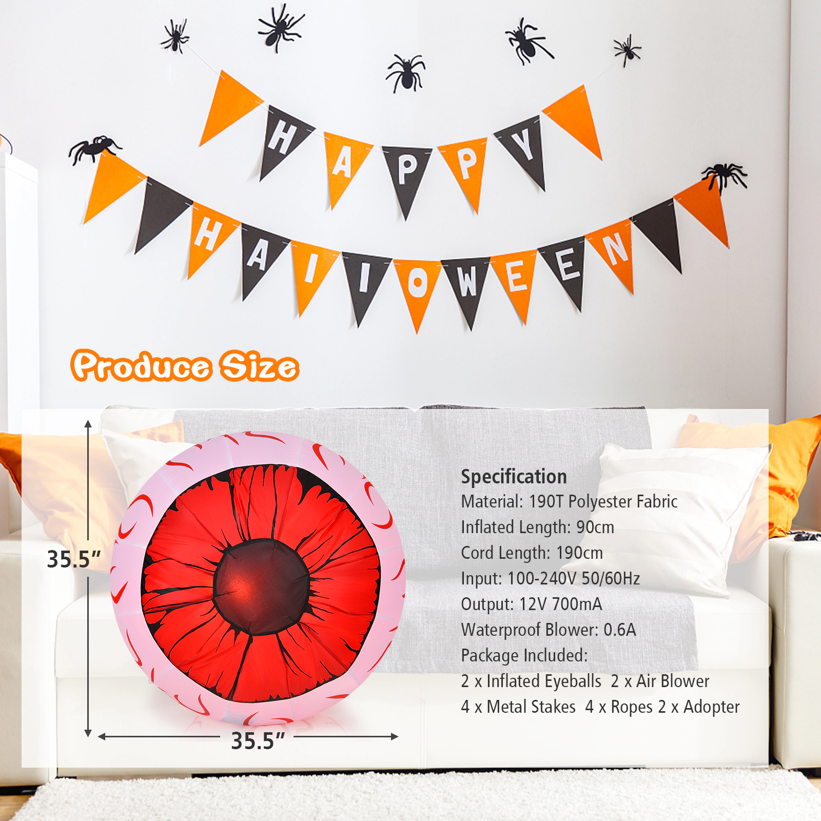 Glintex 2-Pack 3-Ft Halloween Inflatable Eyeballs with Red LED Lights, Red