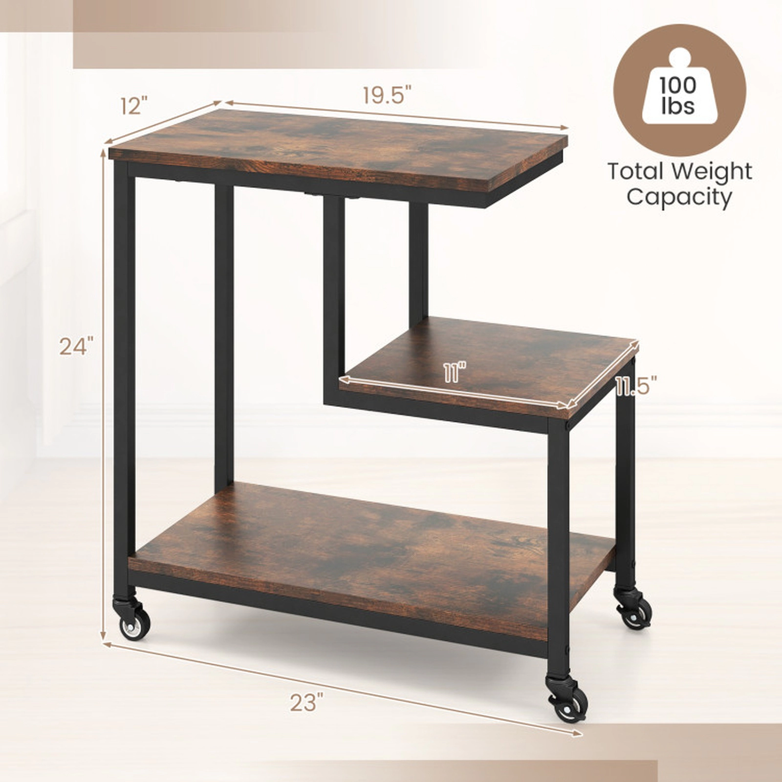 SUGIFT Rustic Brown 24-Inch Rolling 3-Tier G-Shaped Side Table with Locking Casters