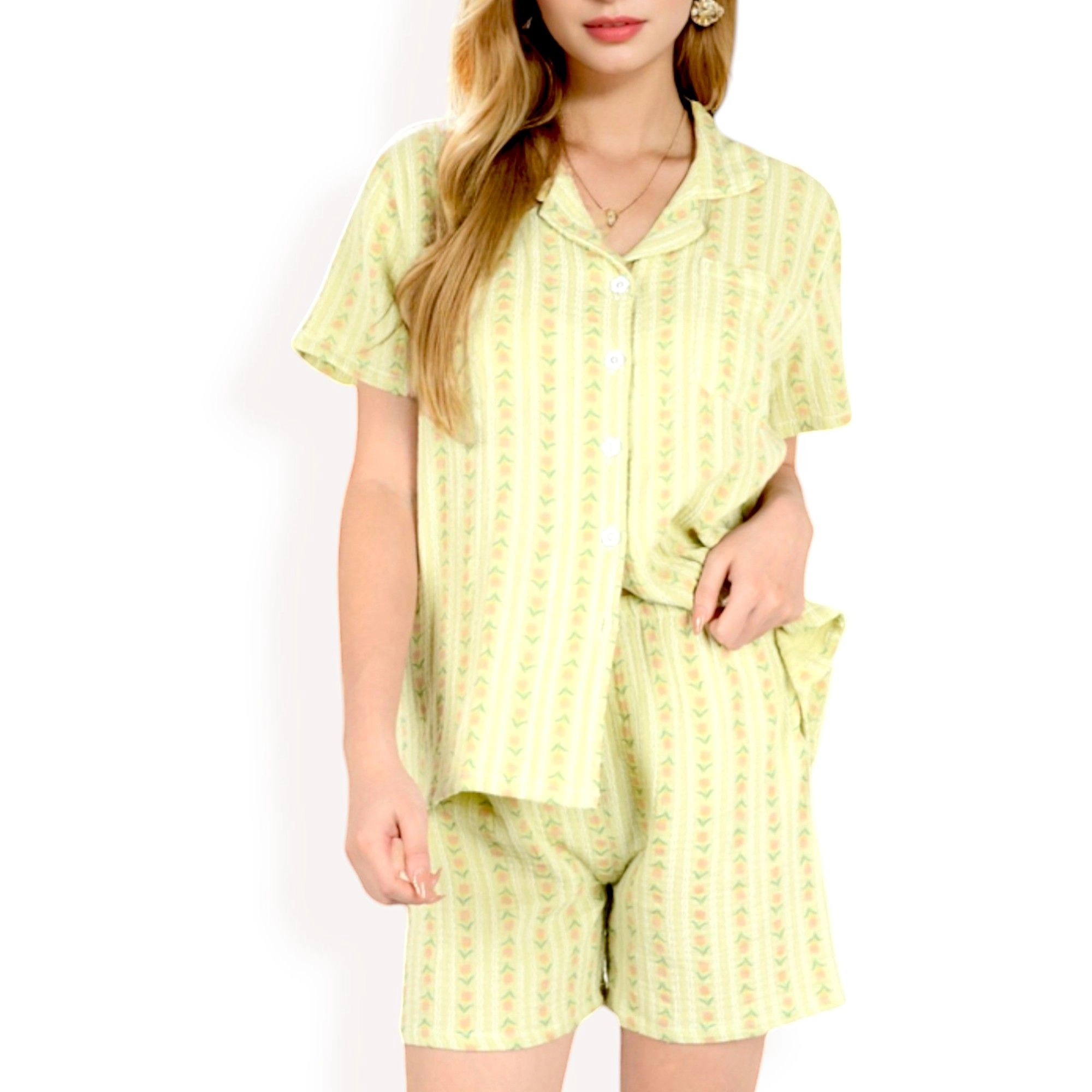 Anna-Kaci Women's Striped Print 2-Piece Pajama Set with Short Sleeve Button Up Top and Relaxed Fit Shorts