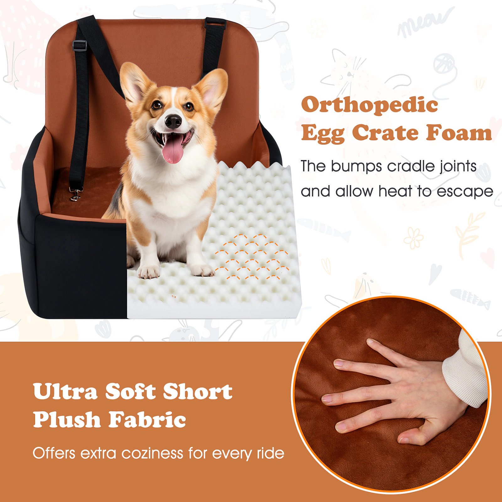 SUGIFT Brown Detachable Dog Booster Car Seat with Safety Leash and Plush Cushion 21-in W 20-in D 18-in H