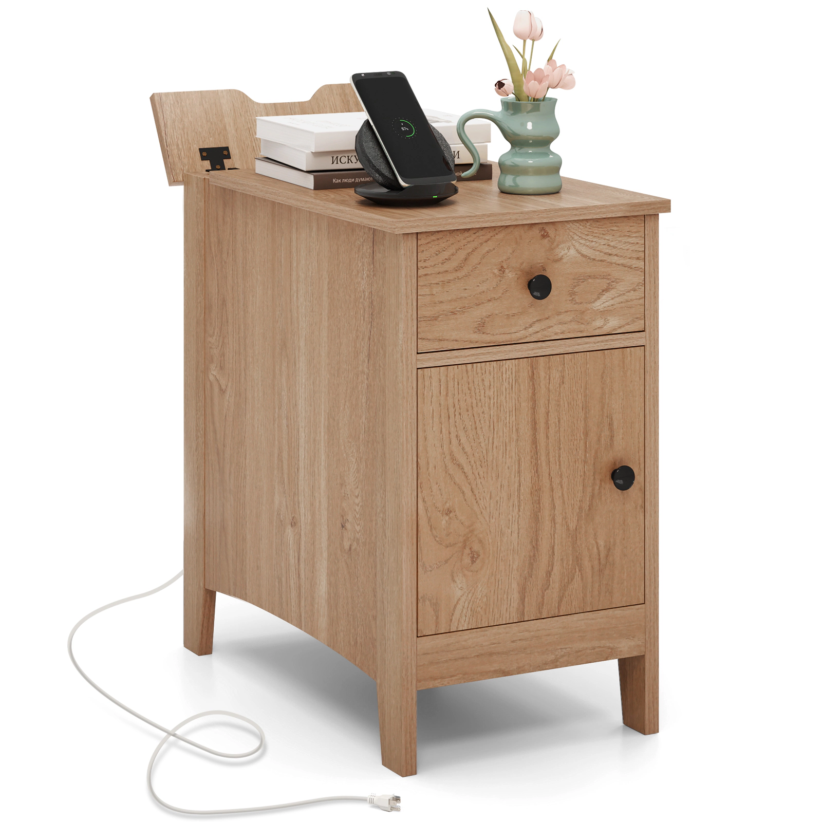 LJG Flip Top End Table with Charging Station USB Ports Outlets and Drawer