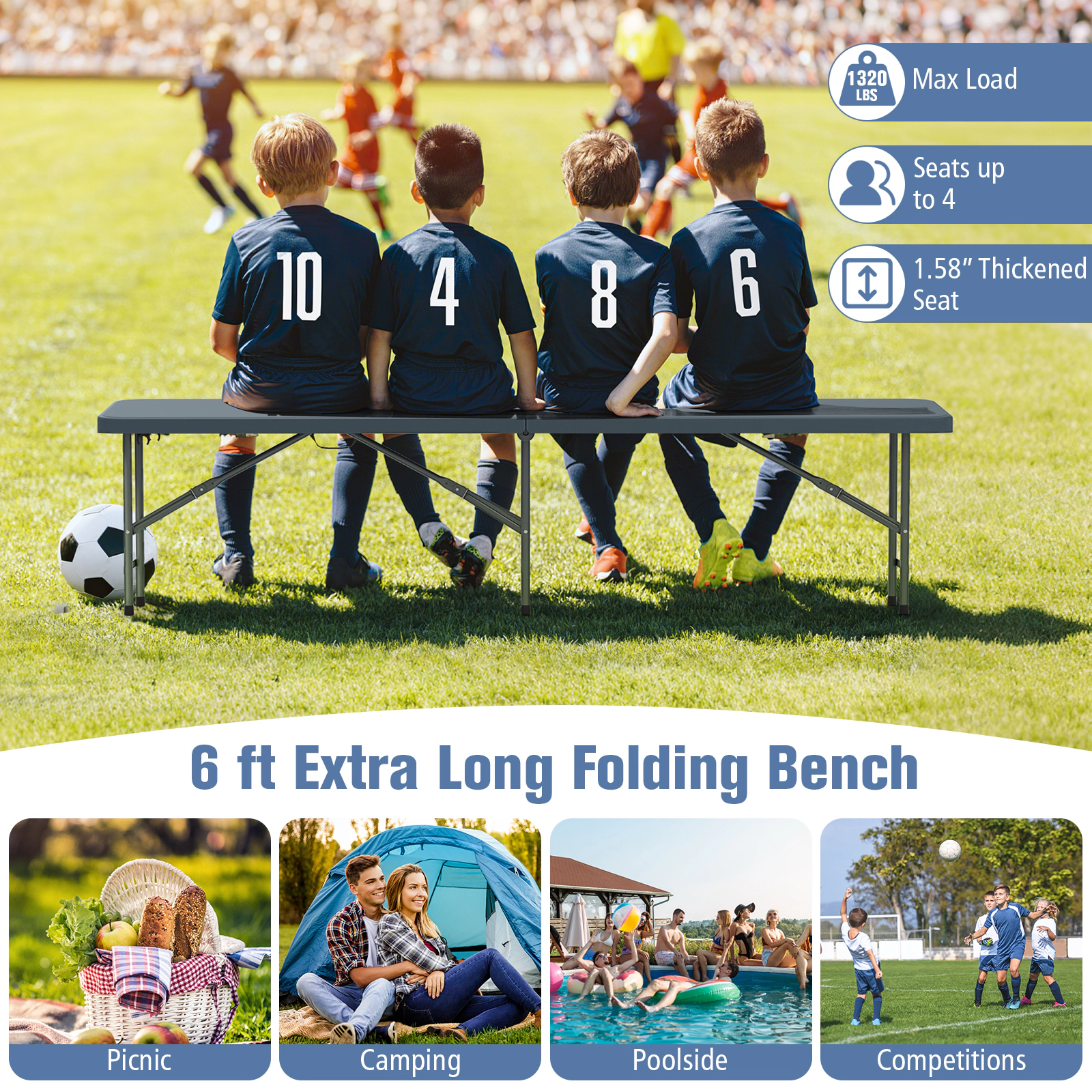 SUGIFT 6-Ft HDPE Plastic Folding Bench Portable Seat with Carry Handle and Middle Lock 660-lb Capacity Gray/White