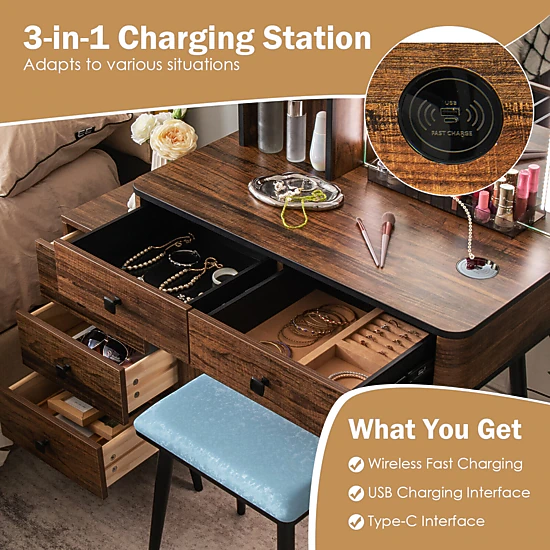 Hivvago Vanity Makeup Table Set With Lighted Mirror-Brown
