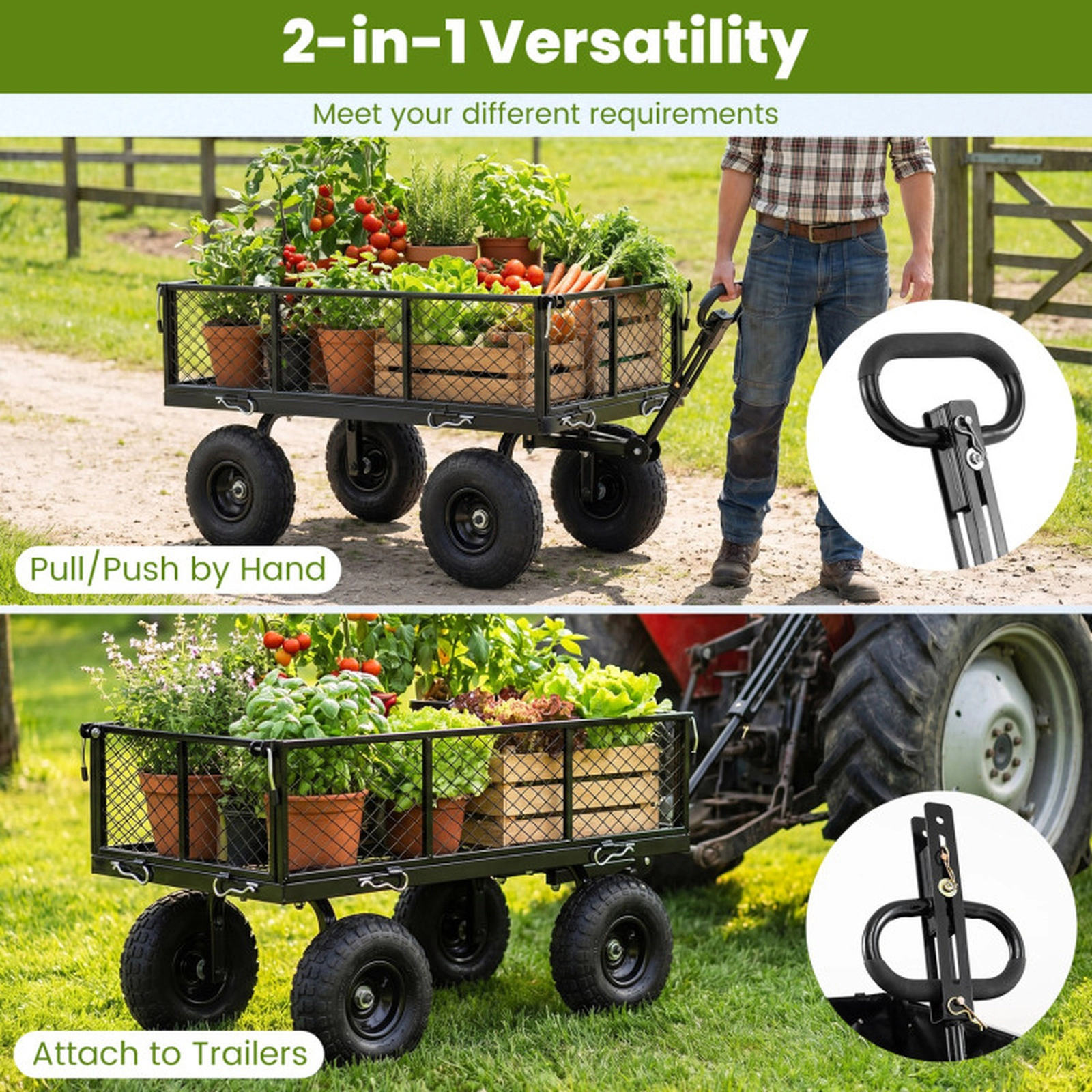 SUGIFT Black 880-lb Capacity Steel Garden Cart Utility Wagon with Mesh Sides Oxford Liner and Tires