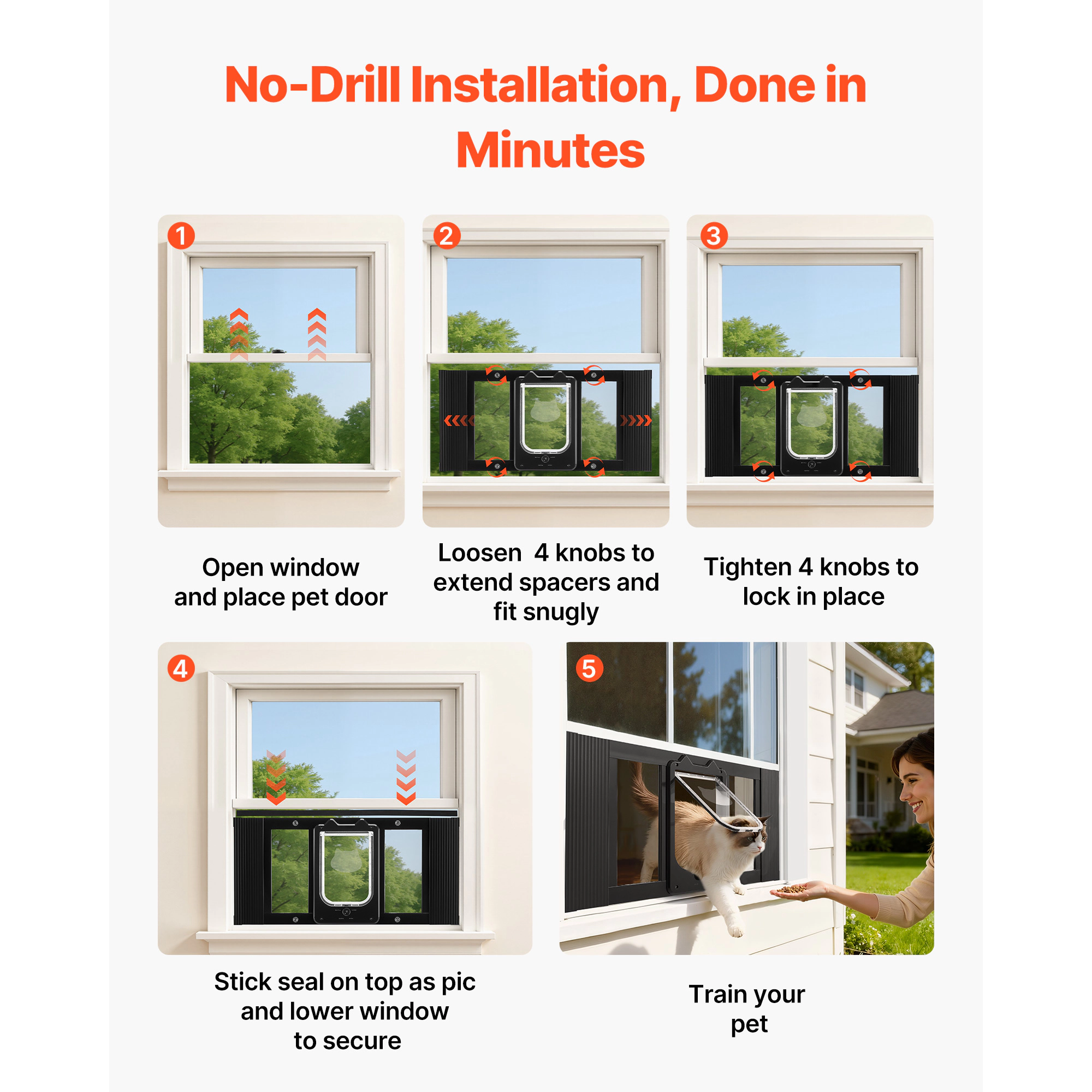 HONGGE Cat Door for Window, Adjustable 27 to 32 Inch Width, 4-Way Lock, Aluminum Frame with Magnetic Closure, Black