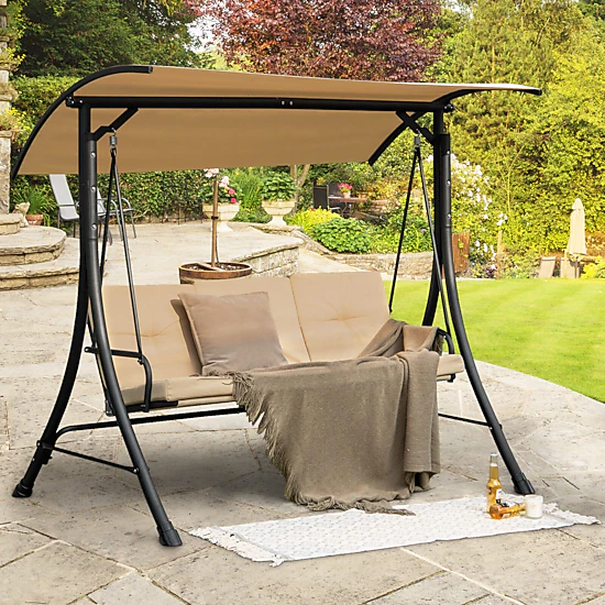 LJG 3-Seat Outdoor Porch Swing with Adjustable Canopy and Padded Cushions