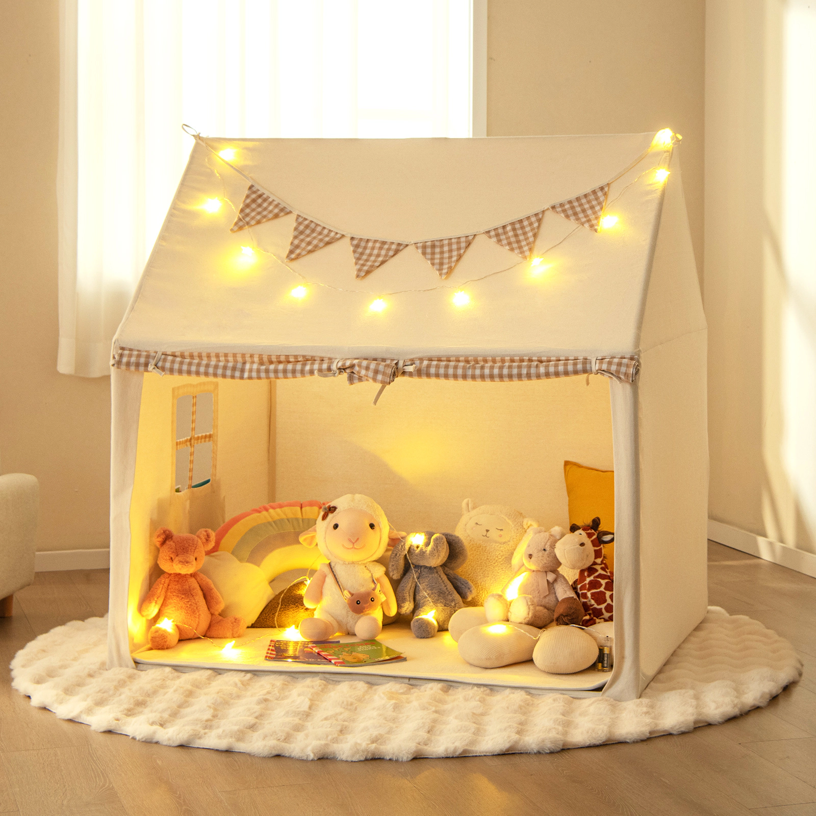 SUGIFT Beige Padded Mat and 2 Breathable Windows Large Kids Play Tent Playhouse