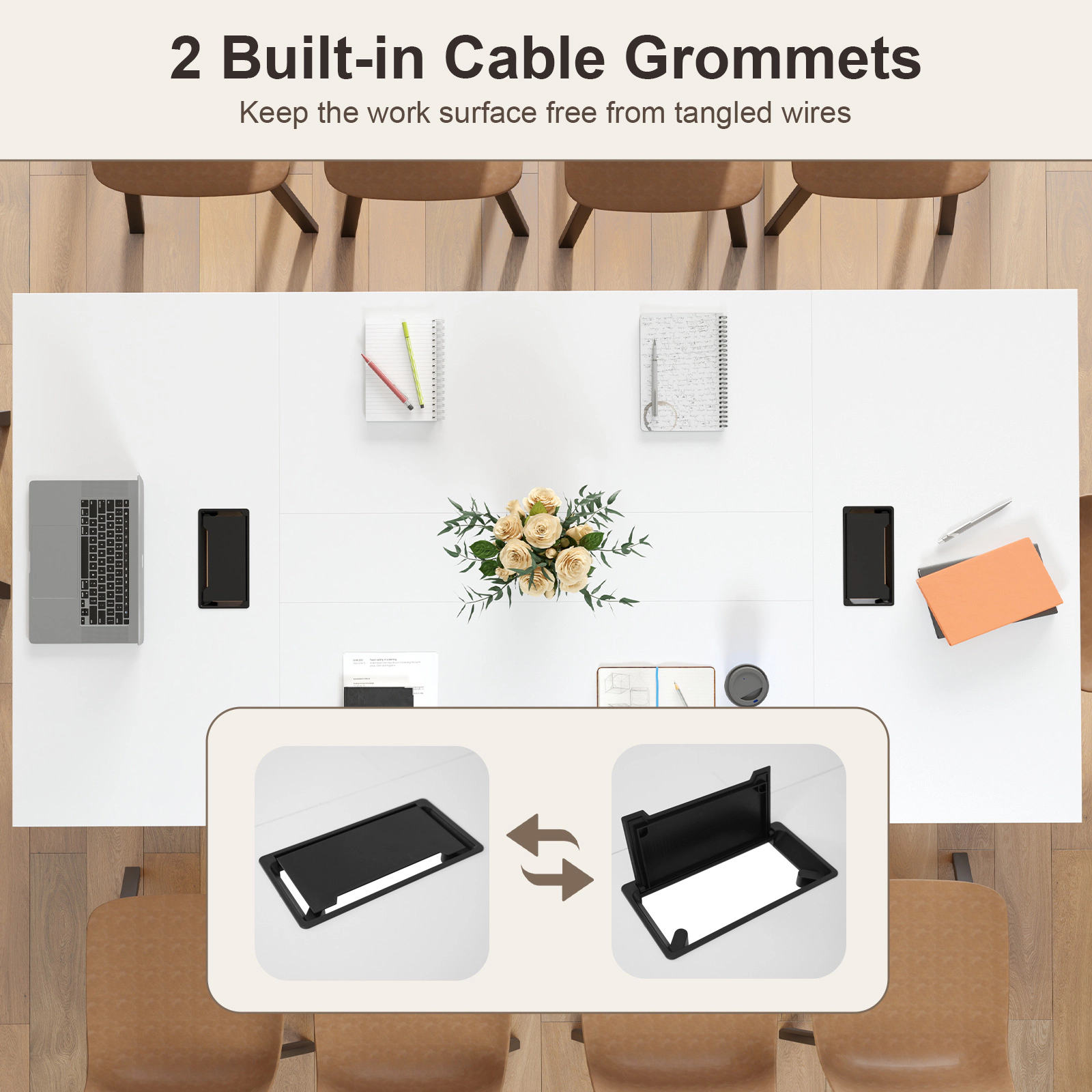 SUGIFT 95-in Rustic Brown Conference Room Table for 10 People with 2 Cable Grommets and 6-Leg Metal Frame