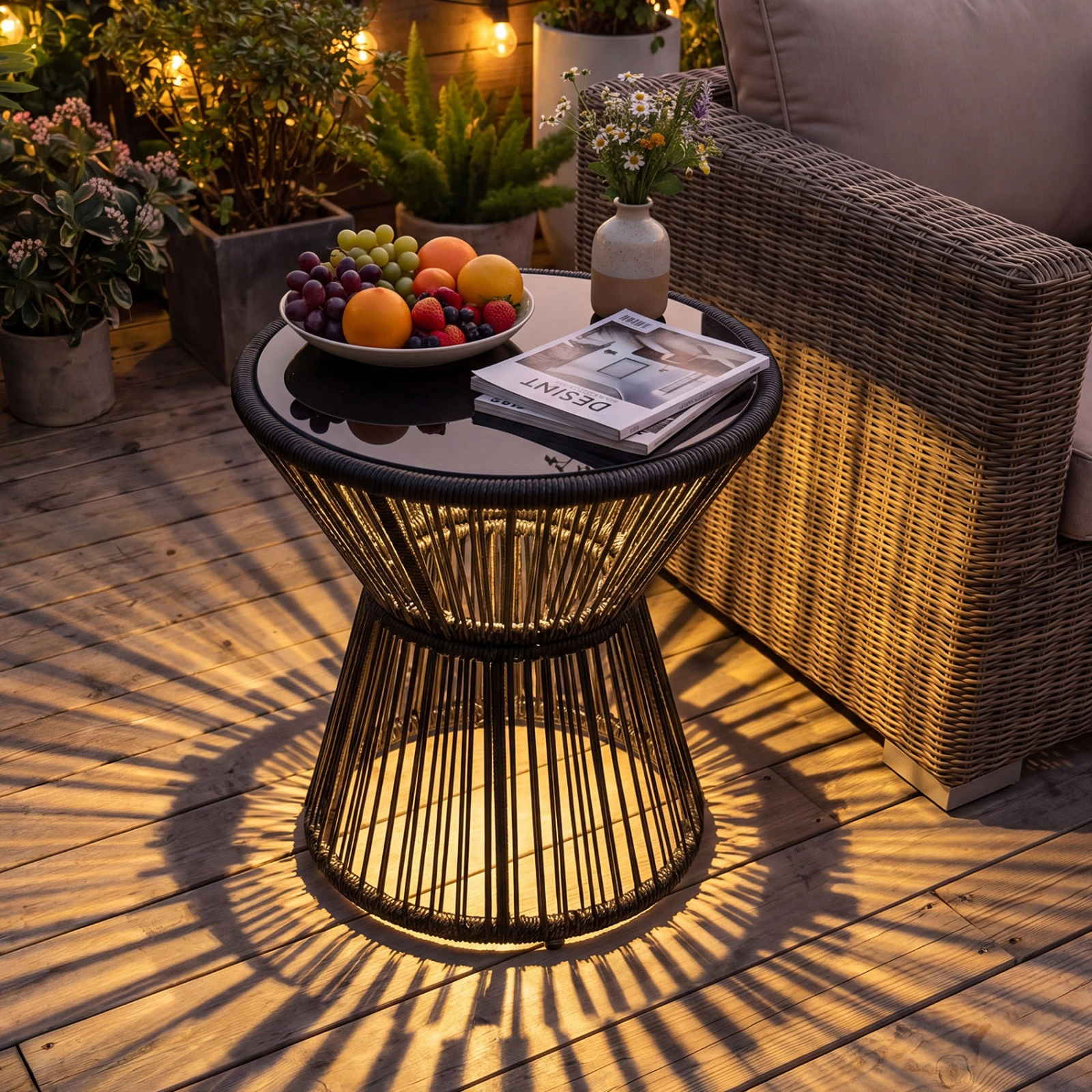 SUGIFT Black PE Rattan LED Warm Light and Tempered Glass Top Outdoor Side Table