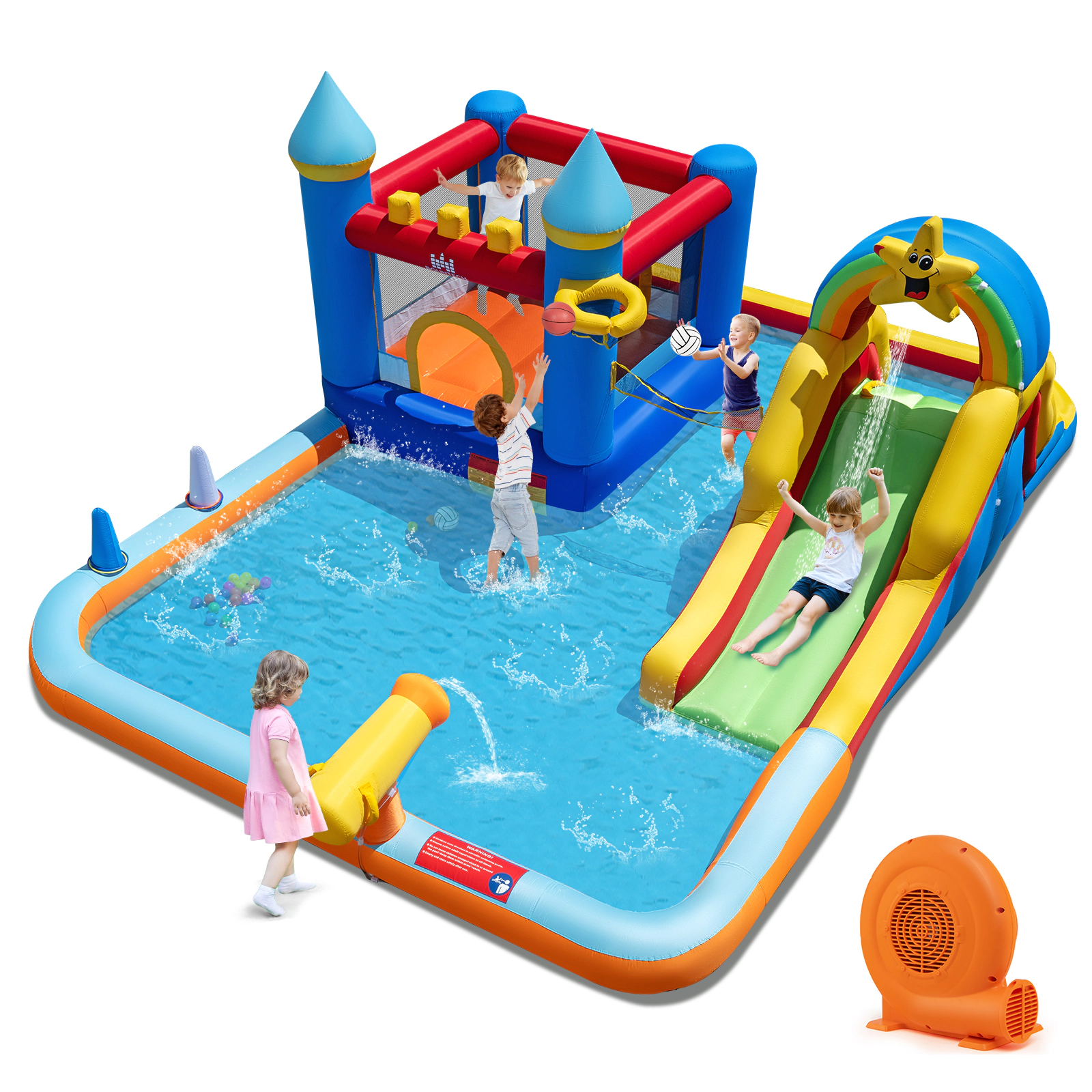 LJG Kids Inflatable Water Slide Park Bouncy Castle with Climbing Wall with 750W Blower
