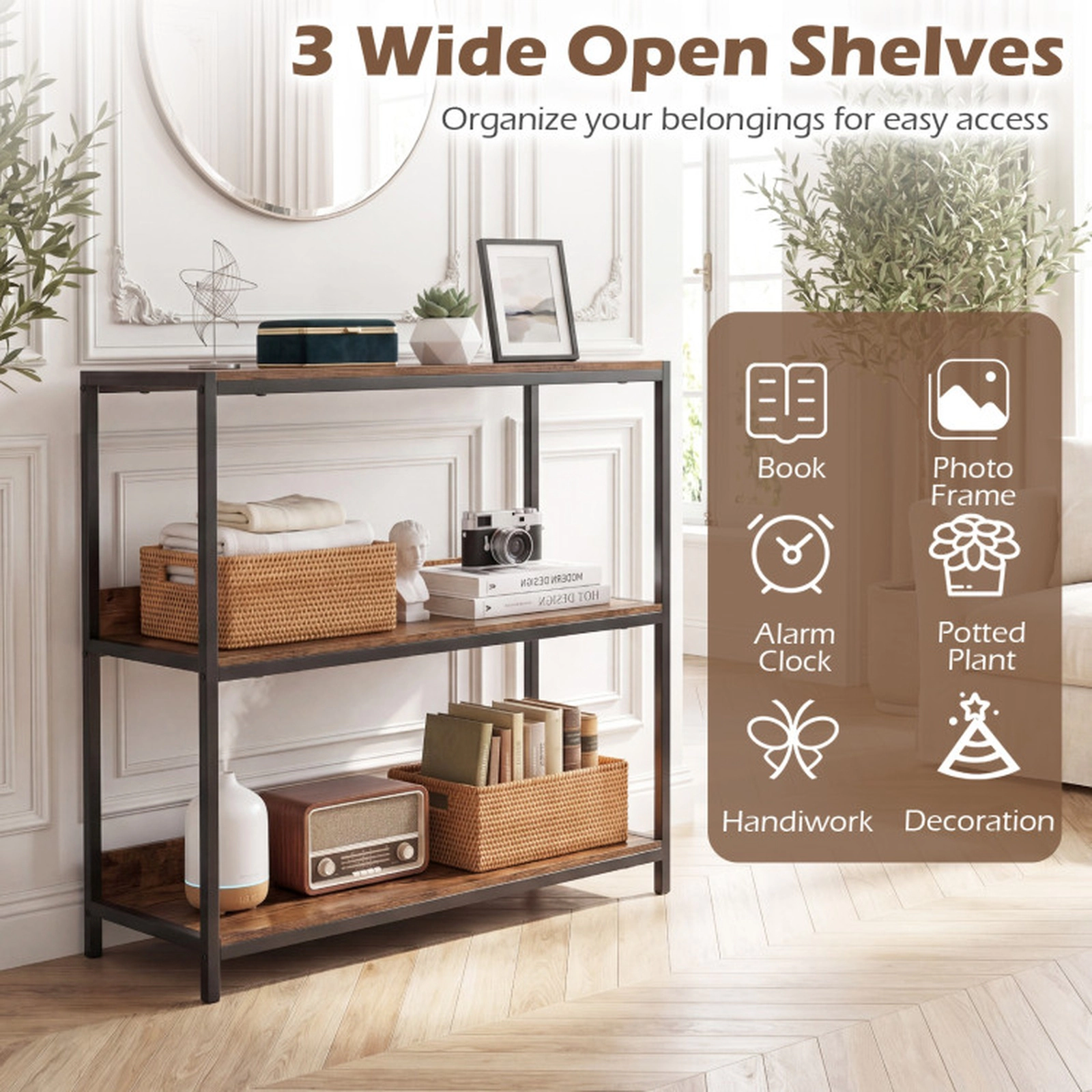 SUGIFT 90-lb Per Shelf 3-Tier Industrial Bookshelf with Wooden Shelves Metal Frame and Anti-Toppling Kit