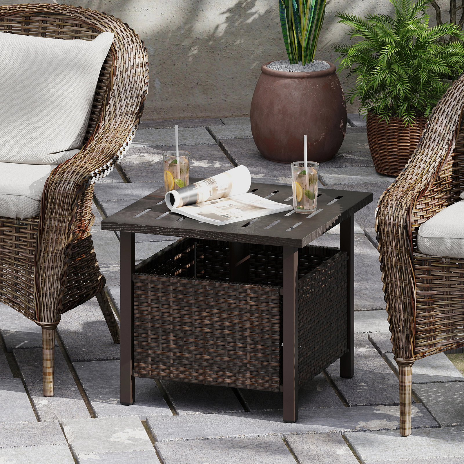 SUGIFT Brown 22-In Square PE Rattan Outdoor Side Table with Umbrella Hole