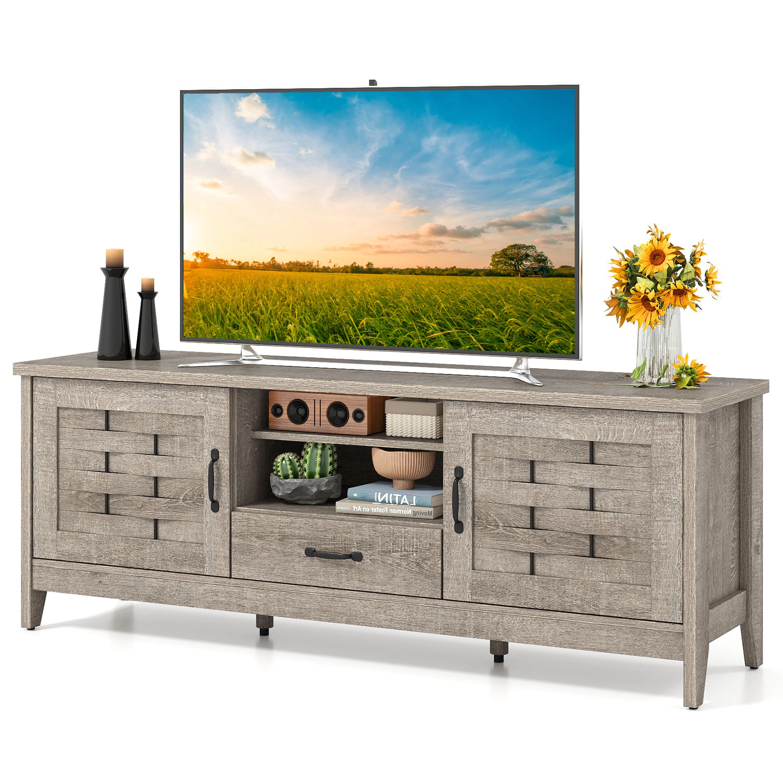 LJG Farmhouse TV Stand for 65 Inch TVs with 2 Woven Accent Doors and 3 Adjustable Shelves
