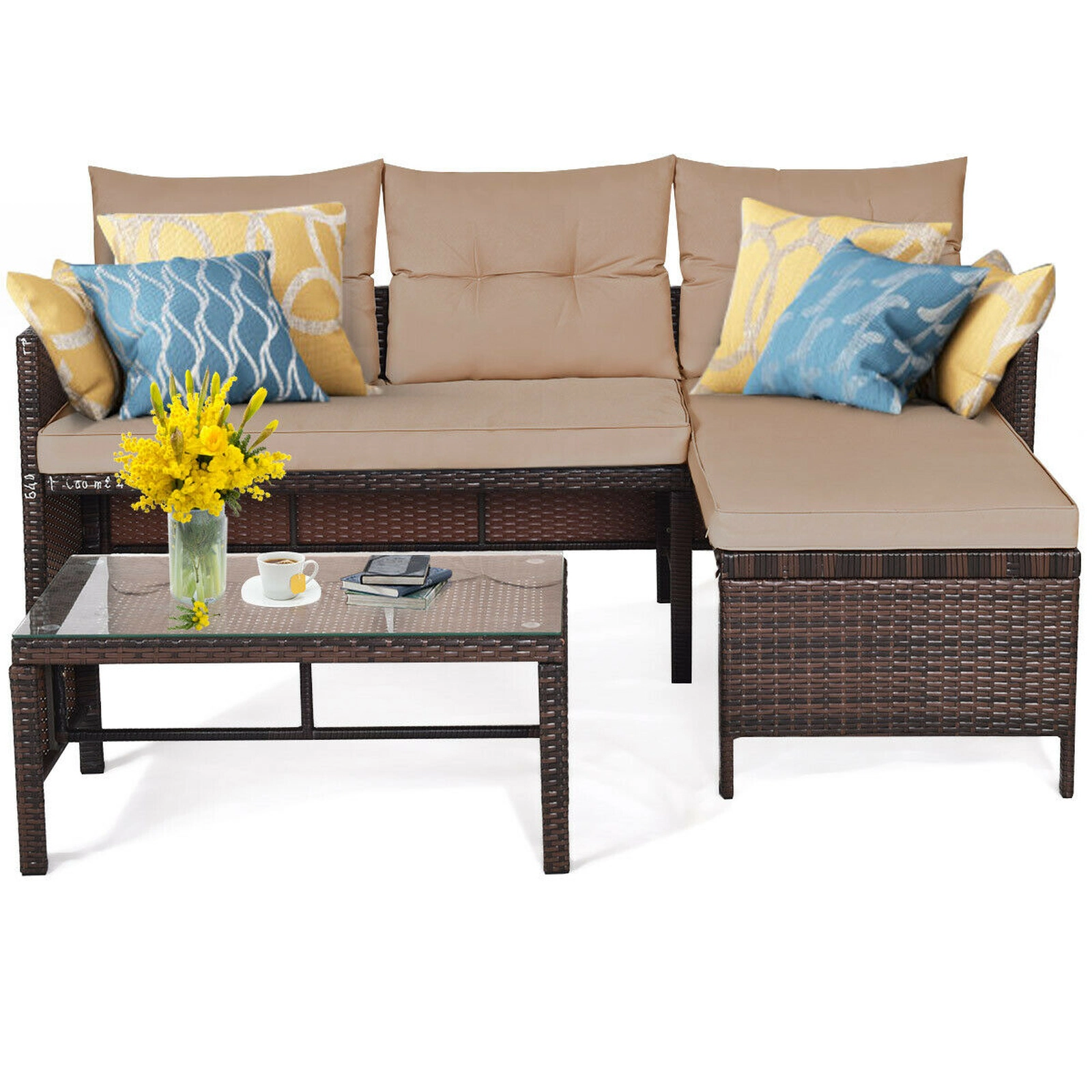 SUGIFT L-Shape Corner Lounge 3-Piece Patio Wicker Sectional Sofa Set
