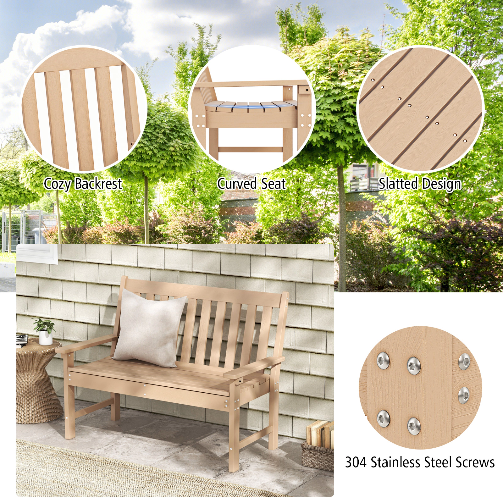 Hivvago 52 Inch All-Weather HDPE Outdoor Bench with Backrest and Armrests