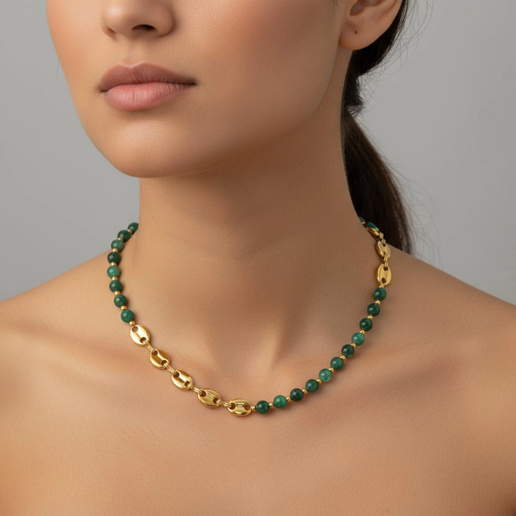 DressAtR Women's Green Agate 18K Gold Plated Necklace