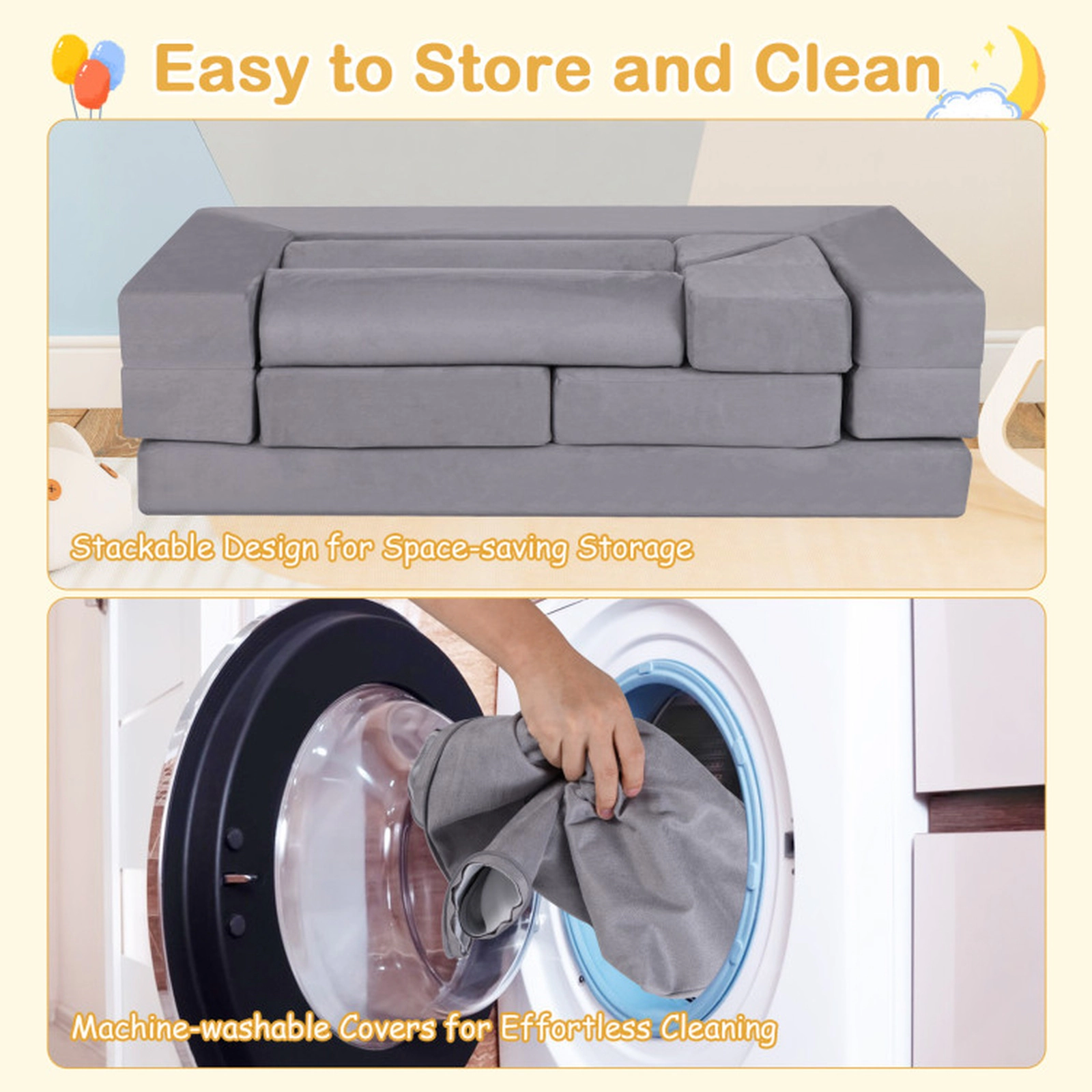 SUGIFT 9-Piece Gray Suede Stackable Foam Climbing Blocks and Crawl Playset with Machine Washable Covers