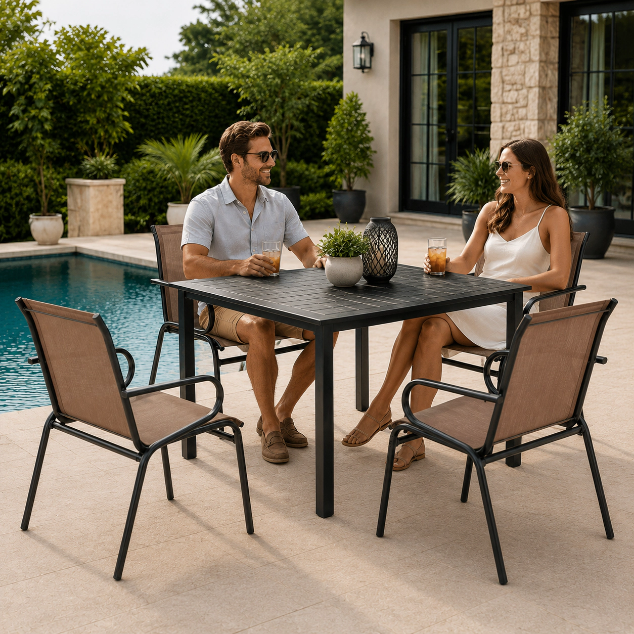 SUGIFT Coffee Breathable Fabric Metal Frame and Curved Armrests Set of 4 Patio Dining Chairs